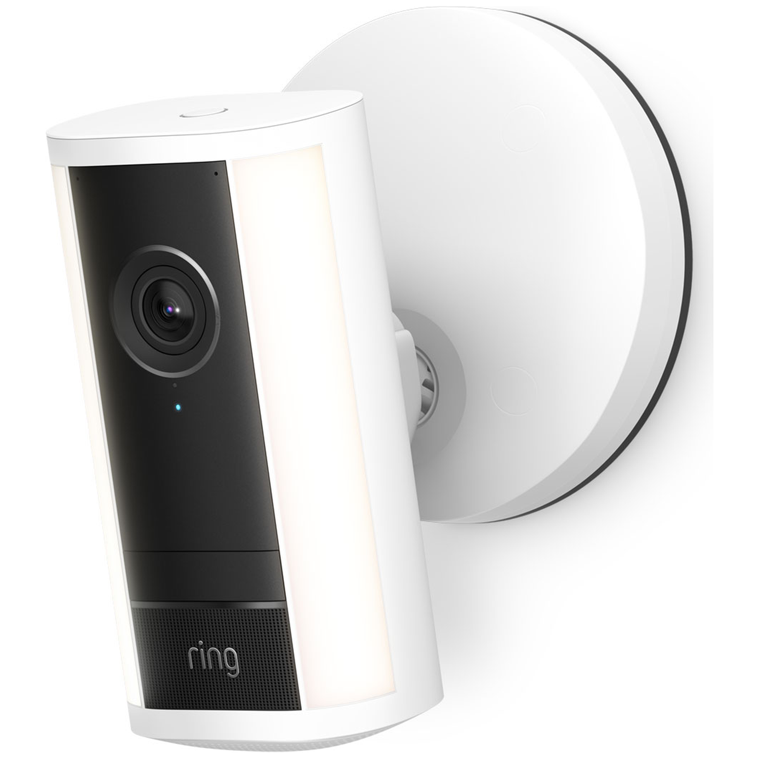 White security camera with black front and illuminated sides.