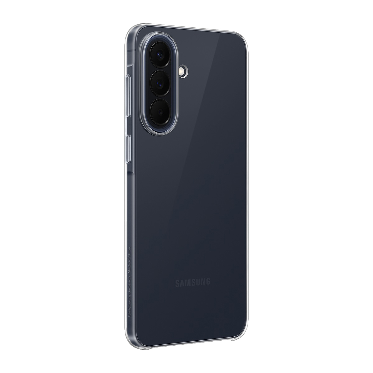 Üç kamera lensi ve Samsung logosu bulunan şeffaf telefon kılıfı.