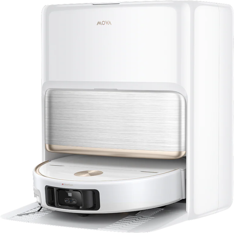 Un aspirateur robot blanc de marque MOVA avec sa station de charge.