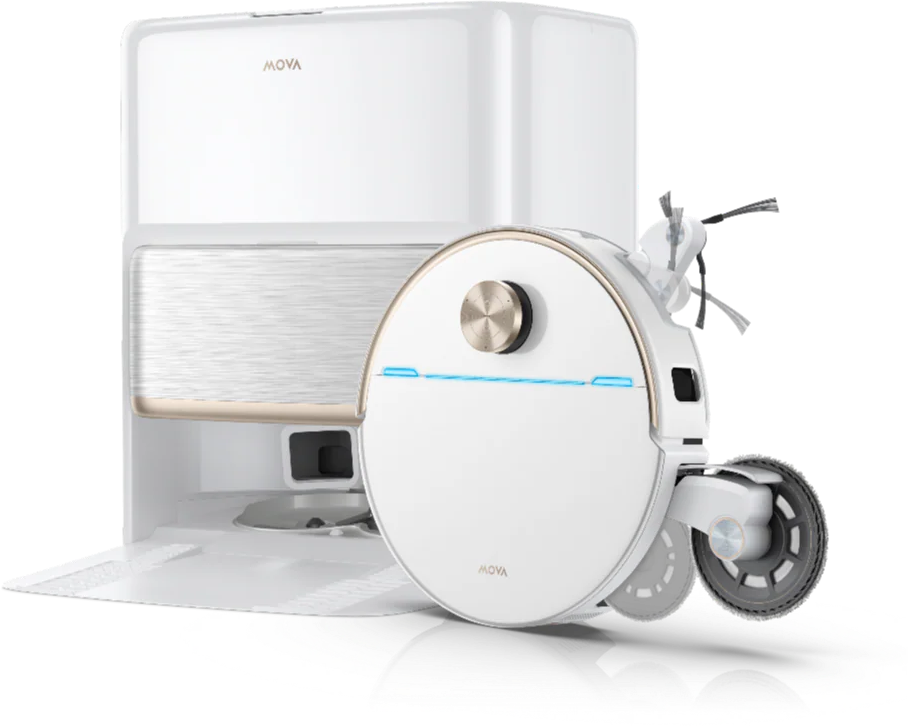 Un aspirateur robot MOVA blanc avec station de charge. Le robot a des lumières bleues et des brosses rotatives.