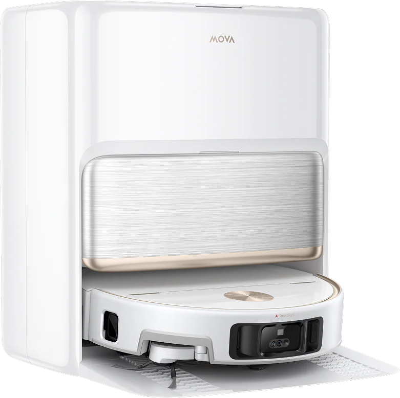 Un aspirateur robot blanc avec station de charge et panneau avant argenté.