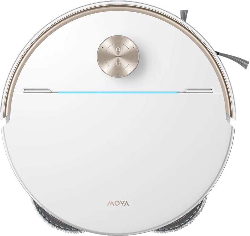 Un robot aspirateur blanc avec des accents dorés et une bande LED bleue.