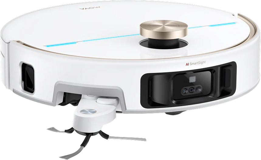 Un aspirateur robot blanc avec un dessus doré et des accents bleus.