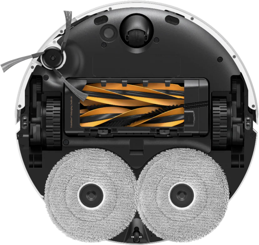 Dessous d'un aspirateur robot avec brosse rotative, roues et tampons de nettoyage.