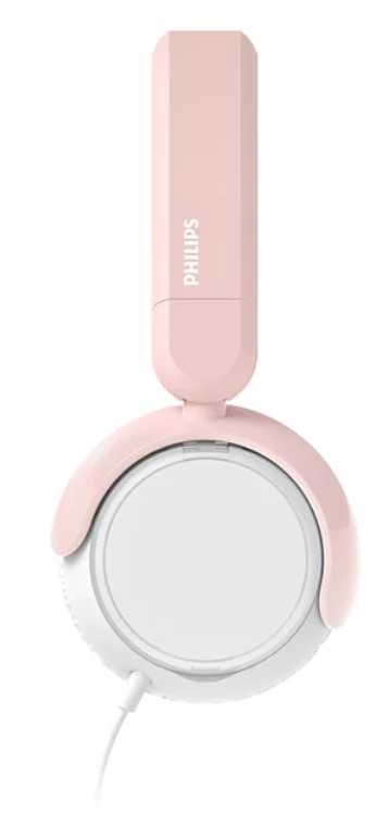 Różowe słuchawki Philips z białym nausznikiem i kablem.