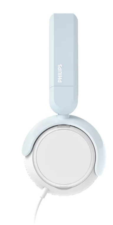 Jasnoniebieskie słuchawki Philips z białym kablem i nausznikami.
