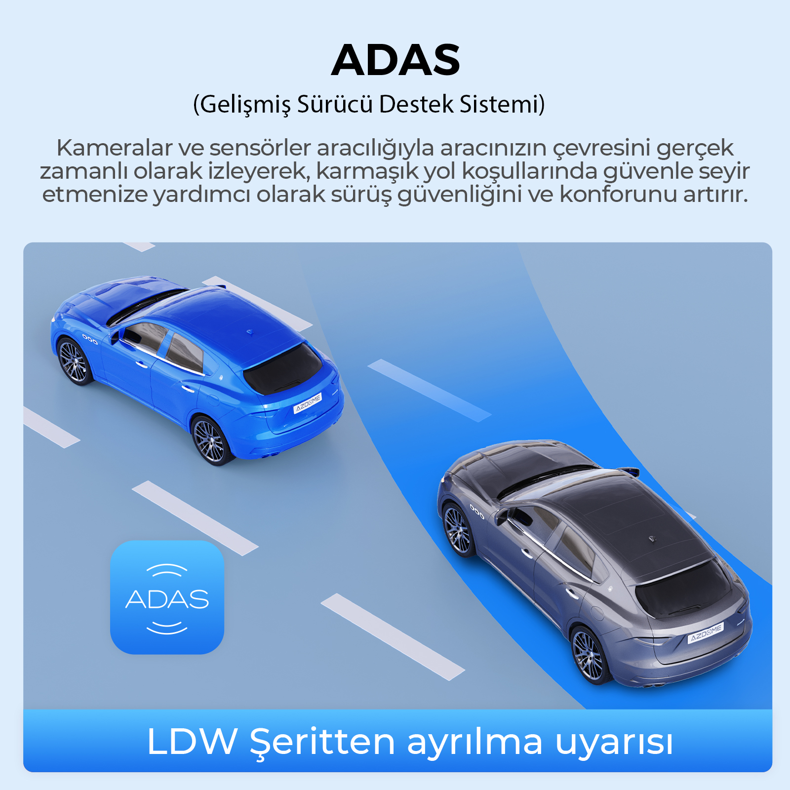 Yolda iki araba, biri mavi, diğeri gri. ADAS simgesi.