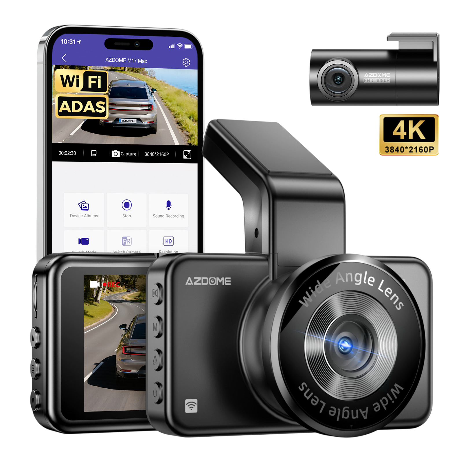 Bir akıllı telefon, arabalı bir araç kamerası uygulaması gösteriyor. Yanında bir araç kamerası ve 4K çözünürlük var.