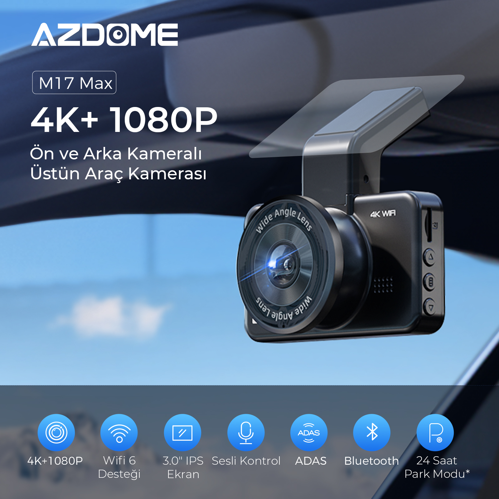 Siyah AZDOME M17 Max araç kamerası, 4K+1080P, geniş açılı lens, 4K WiFi.