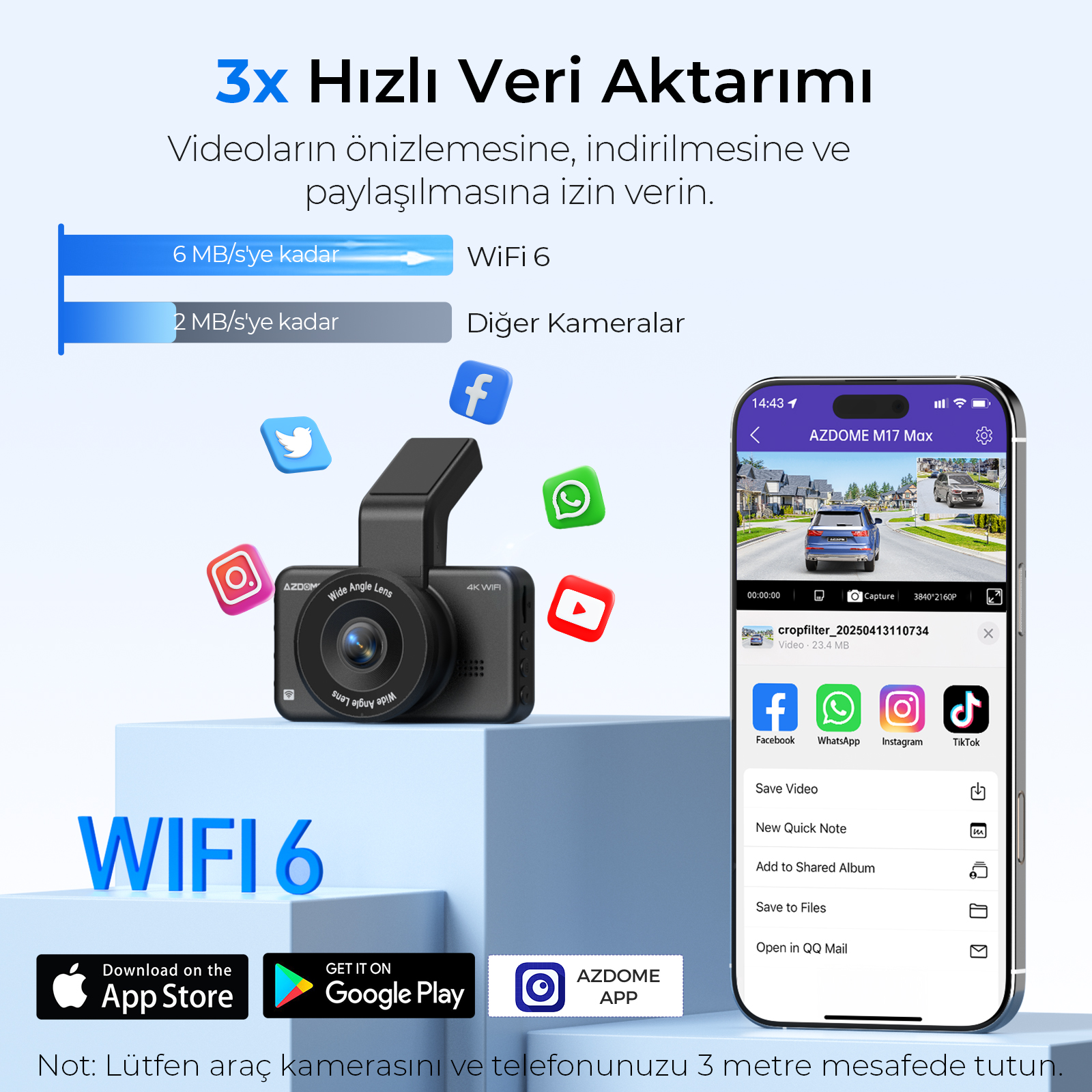 WiFi 6 hızlarını gösteren, uygulama karşılaştırmalı bir araç kamerası.