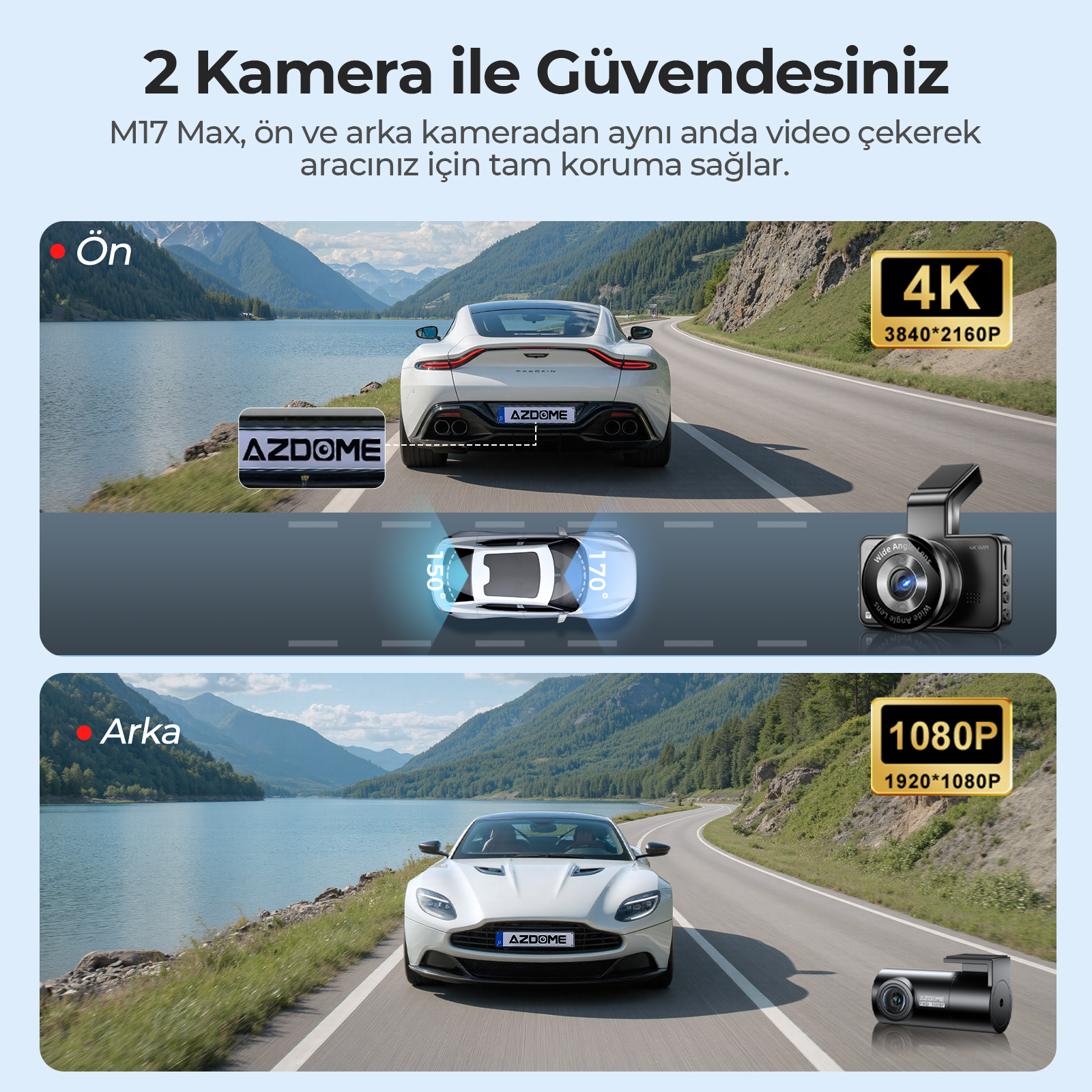 Dağ ve göl manzaralı yolda beyaz bir araba gidiyor. Yukarıda ve aşağıda araç kameraları gösteriliyor.