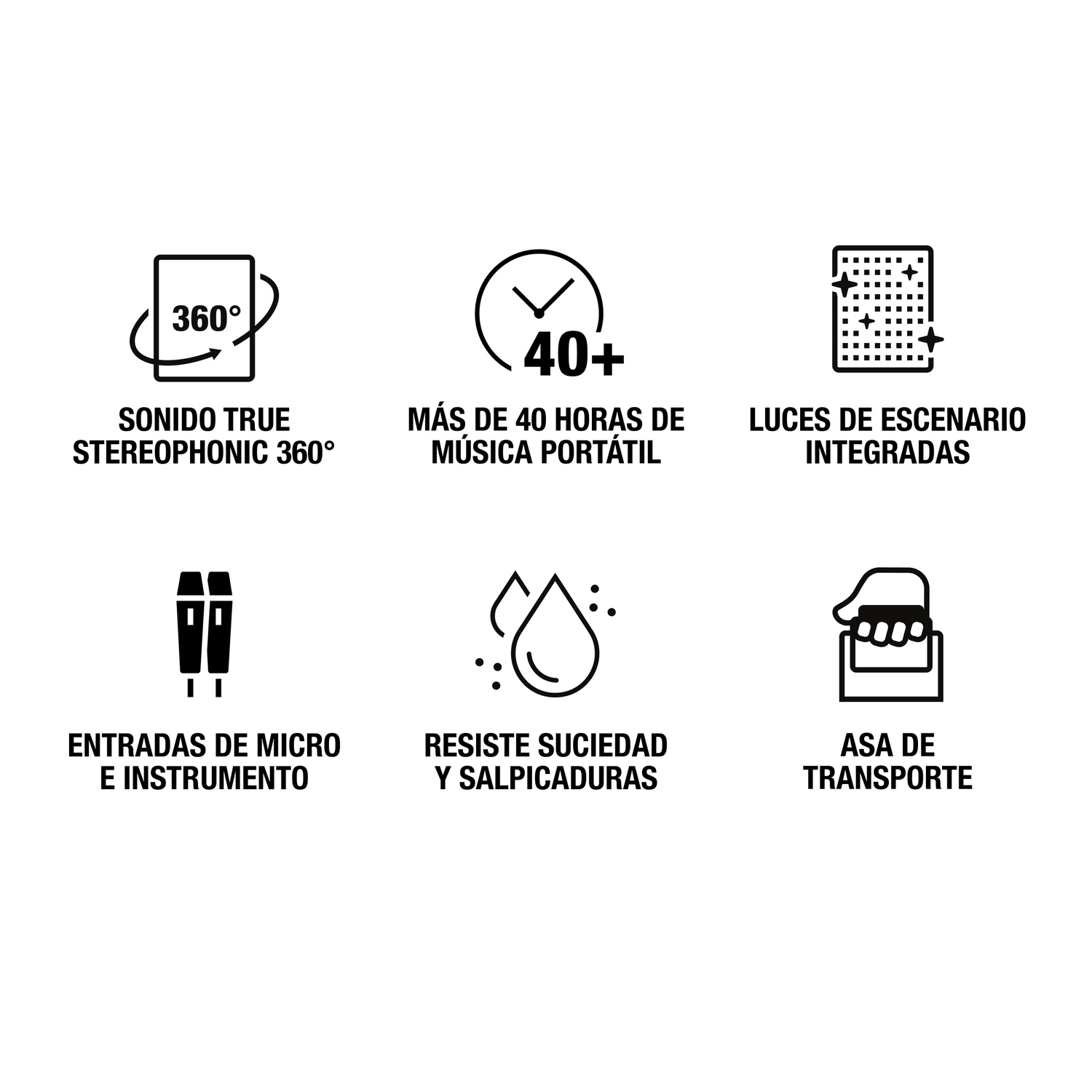 Iconos: estéreo 360°, 40+ h batería, luces escenario, entradas micro/instrumento, resistente salpicaduras, asa.