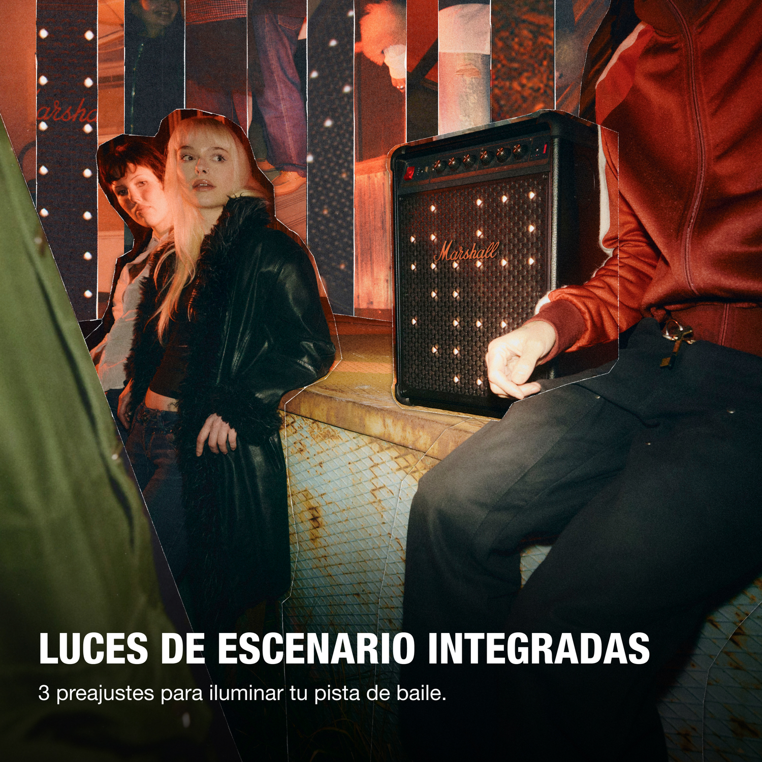 Tres jóvenes delante de un altavoz Marshall con luces integradas.