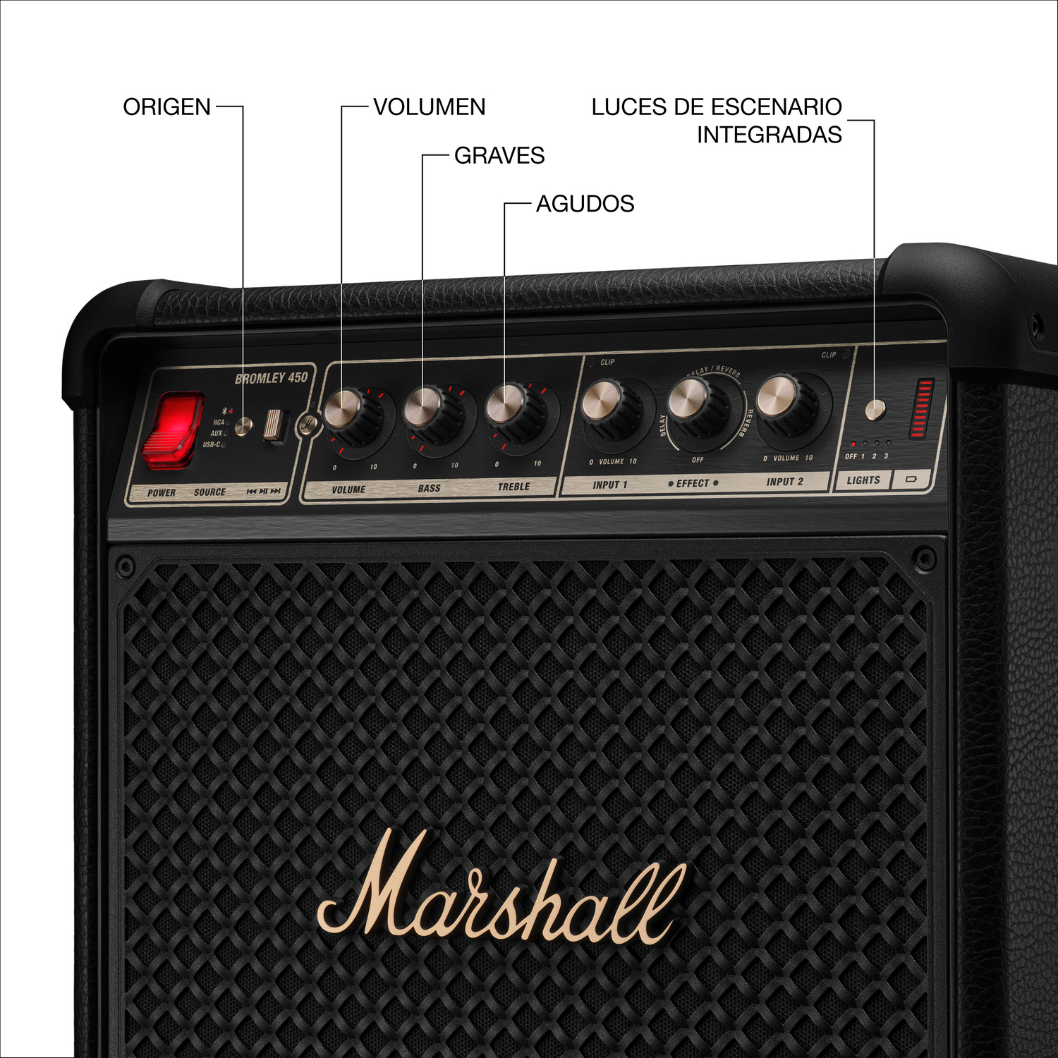 Un amplificador de guitarra Marshall con controles de volumen, graves, agudos y efectos.