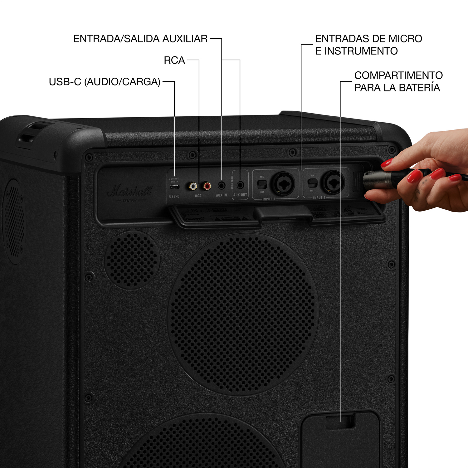 Parte trasera de un altavoz Marshall negro mostrando puertos: USB-C, RCA, Aux In/Out, Mic/Inst.