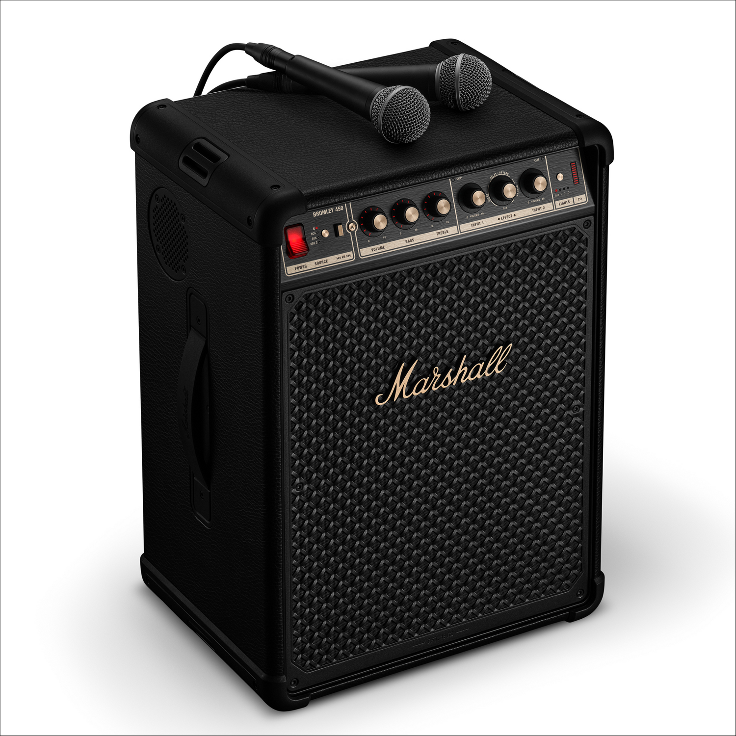 Amplificador Marshall negro con dos micrófonos encima.