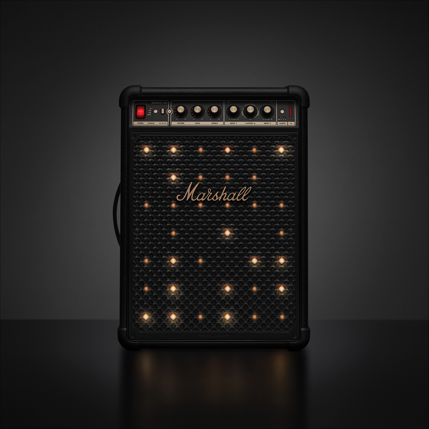 Un amplificador Marshall negro con luces brillantes y controles, sobre fondo oscuro.