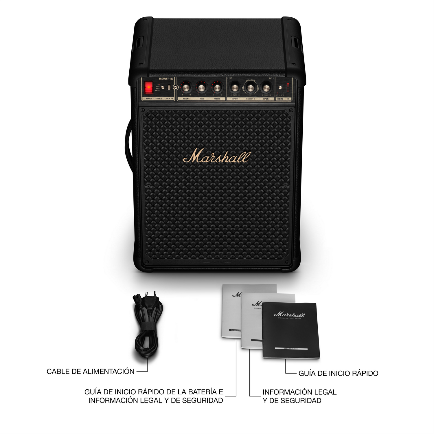 Un amplificador Marshall negro con cable y manuales.