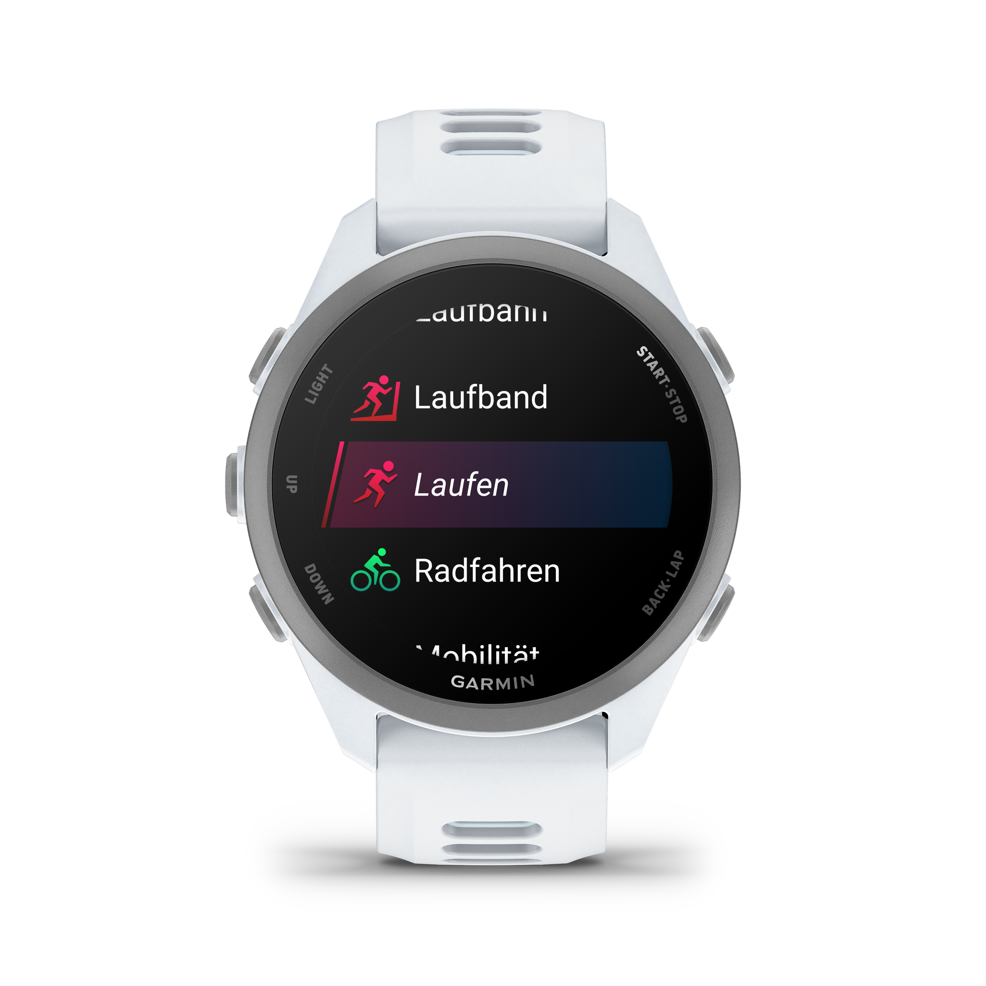 Weiße Smartwatch mit Sportmodi: Laufband, Laufen, Radfahren.