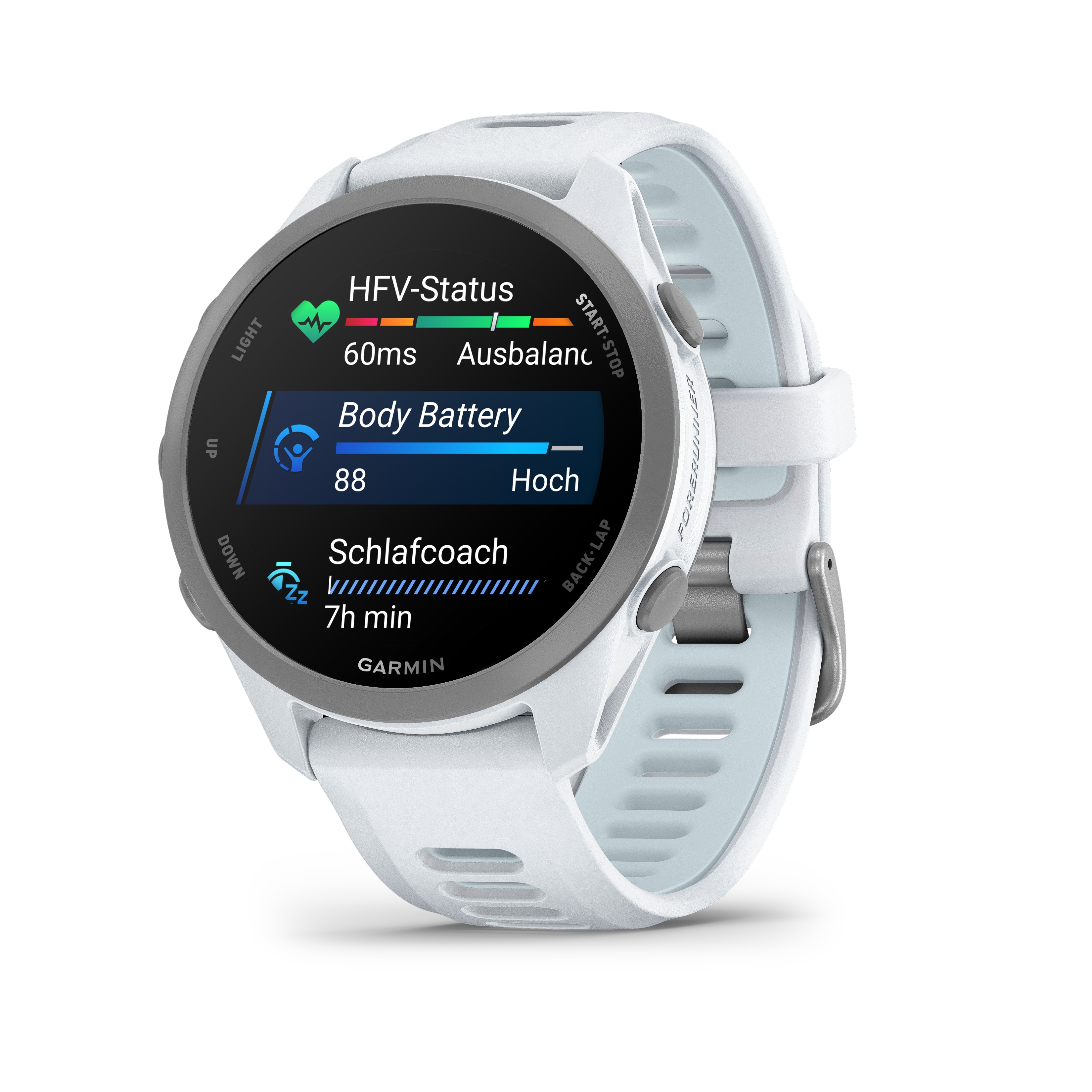 Weiße Smartwatch mit Herzfrequenz, Körperbatterie und Schlafdaten auf dem Display.