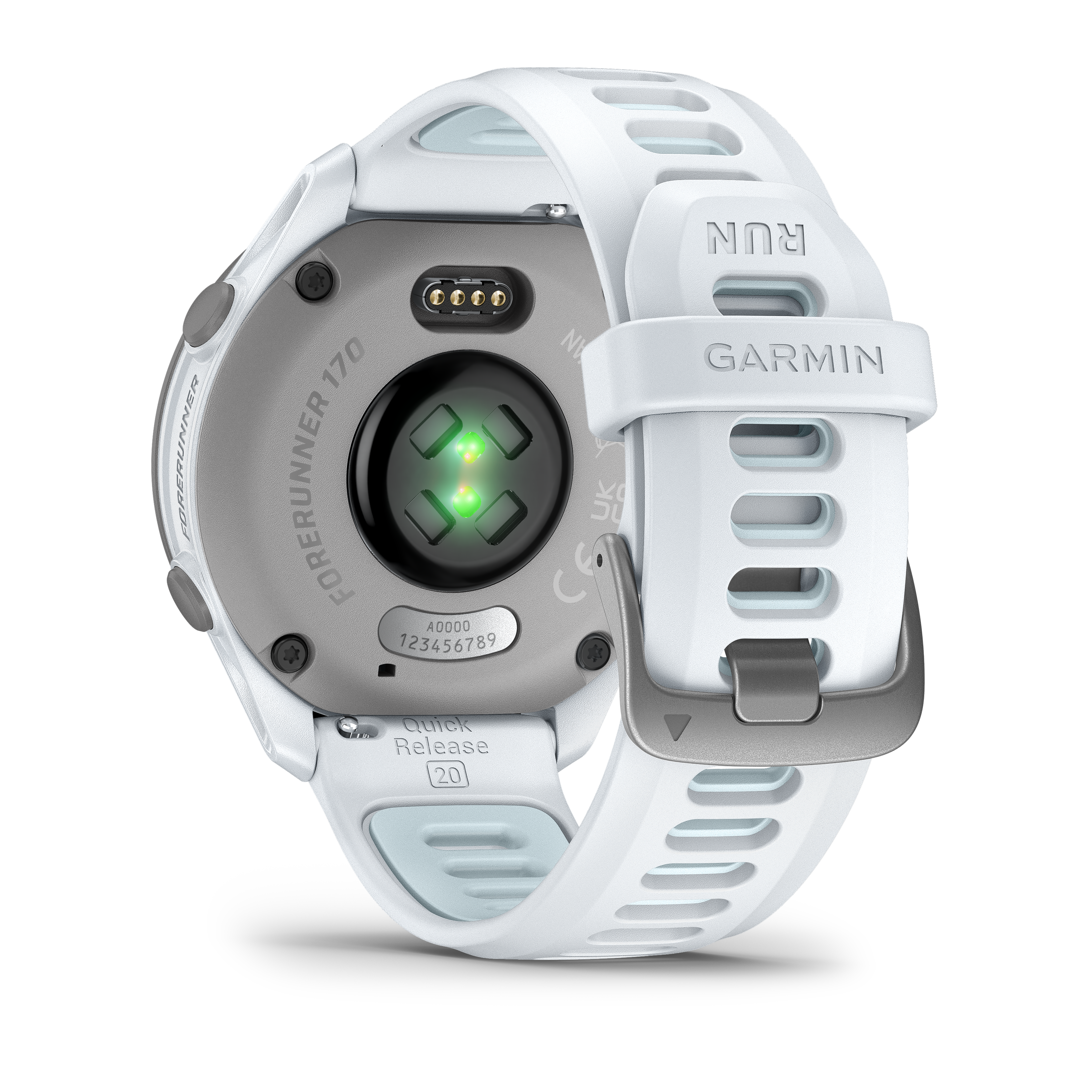 Weiße Garmin Forerunner 170 Uhr, Rückansicht, mit Herzfrequenzsensor und Ladeanschluss.