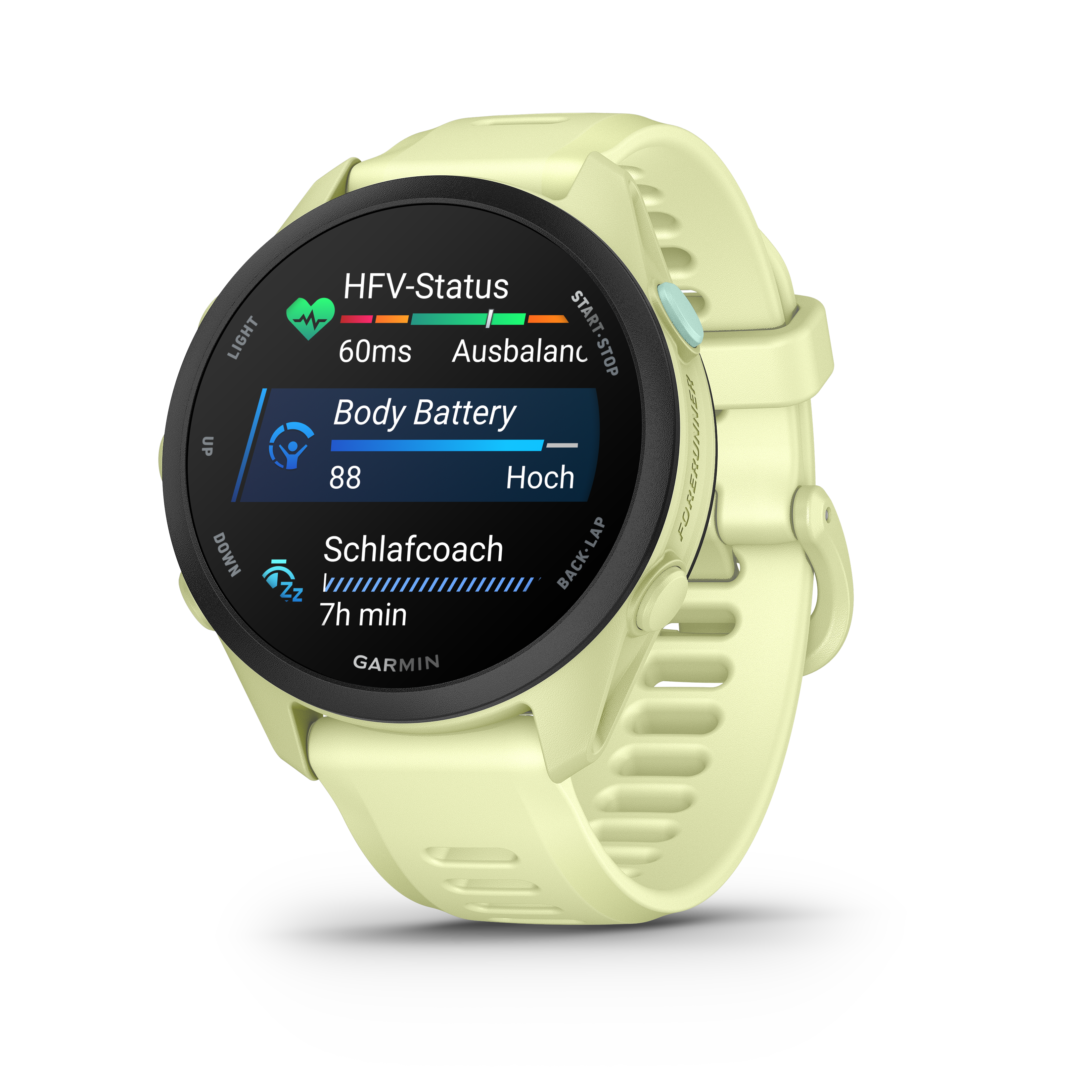 Eine hellgelbe Garmin Smartwatch mit schwarzem Display zeigt HFV-Status, Akku und Schlafdaten an.