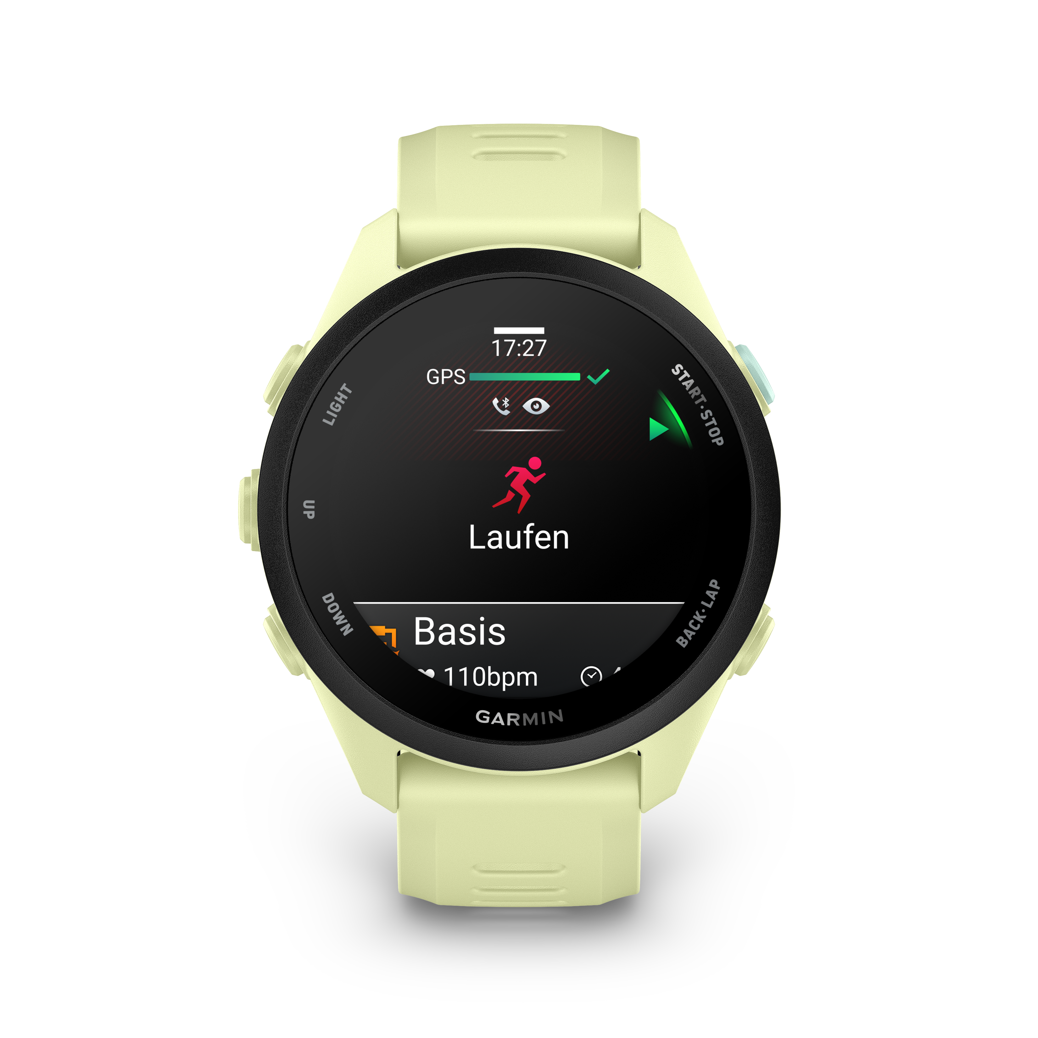 Eine gelbe Garmin-Smartwatch zeigt die Laufzeit 17:27, GPS-Status, Herzfrequenz 110bpm.