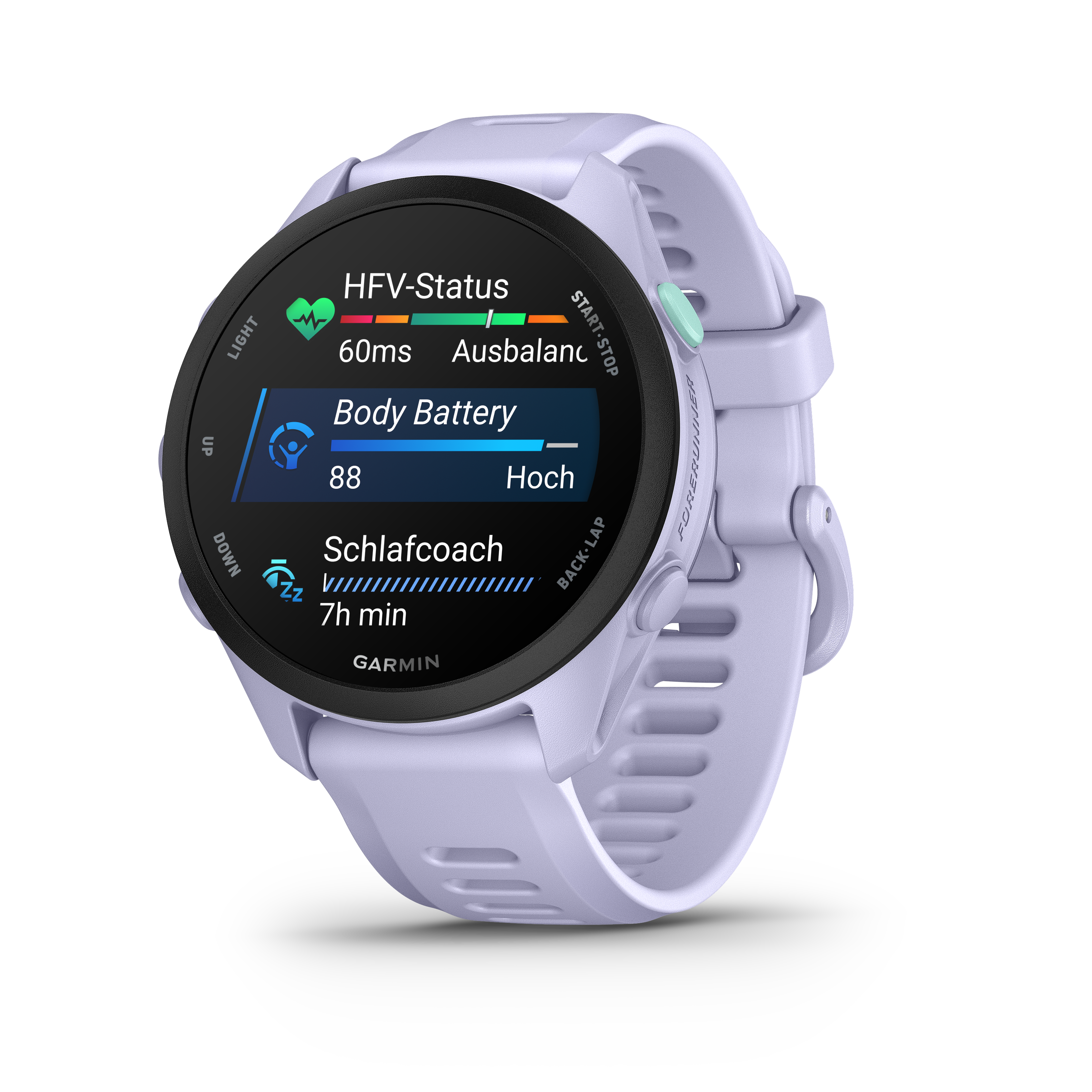 Eine lila Smartwatch mit schwarzem Zifferblatt zeigt HFV-Status, Body Battery und Schlafdaten.