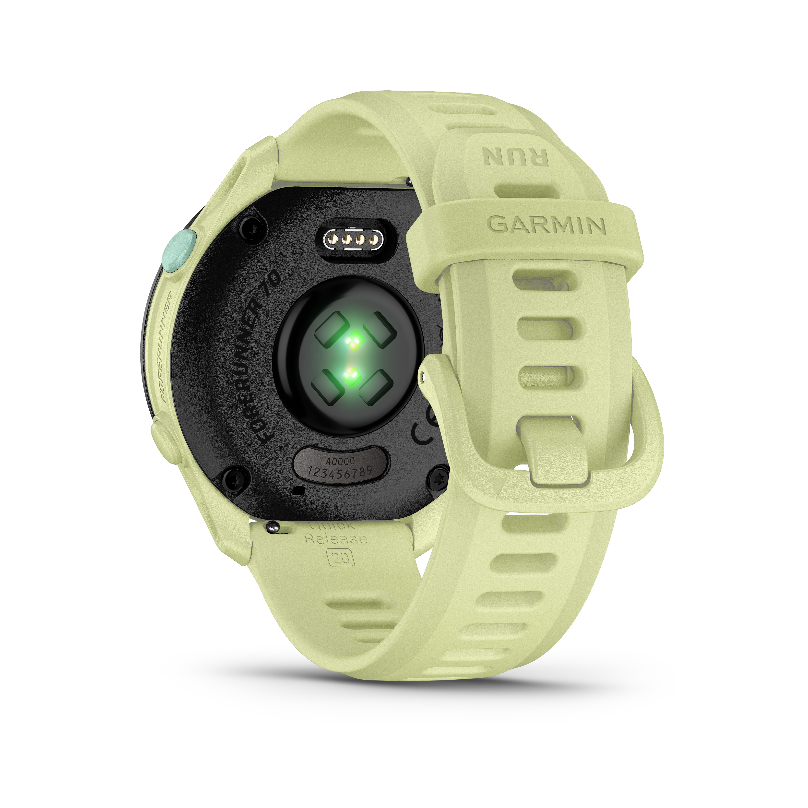 Ein hellgelbes Garmin Forerunner 70 GPS-Laufuhr-Armband mit Herzfrequenzsensor.