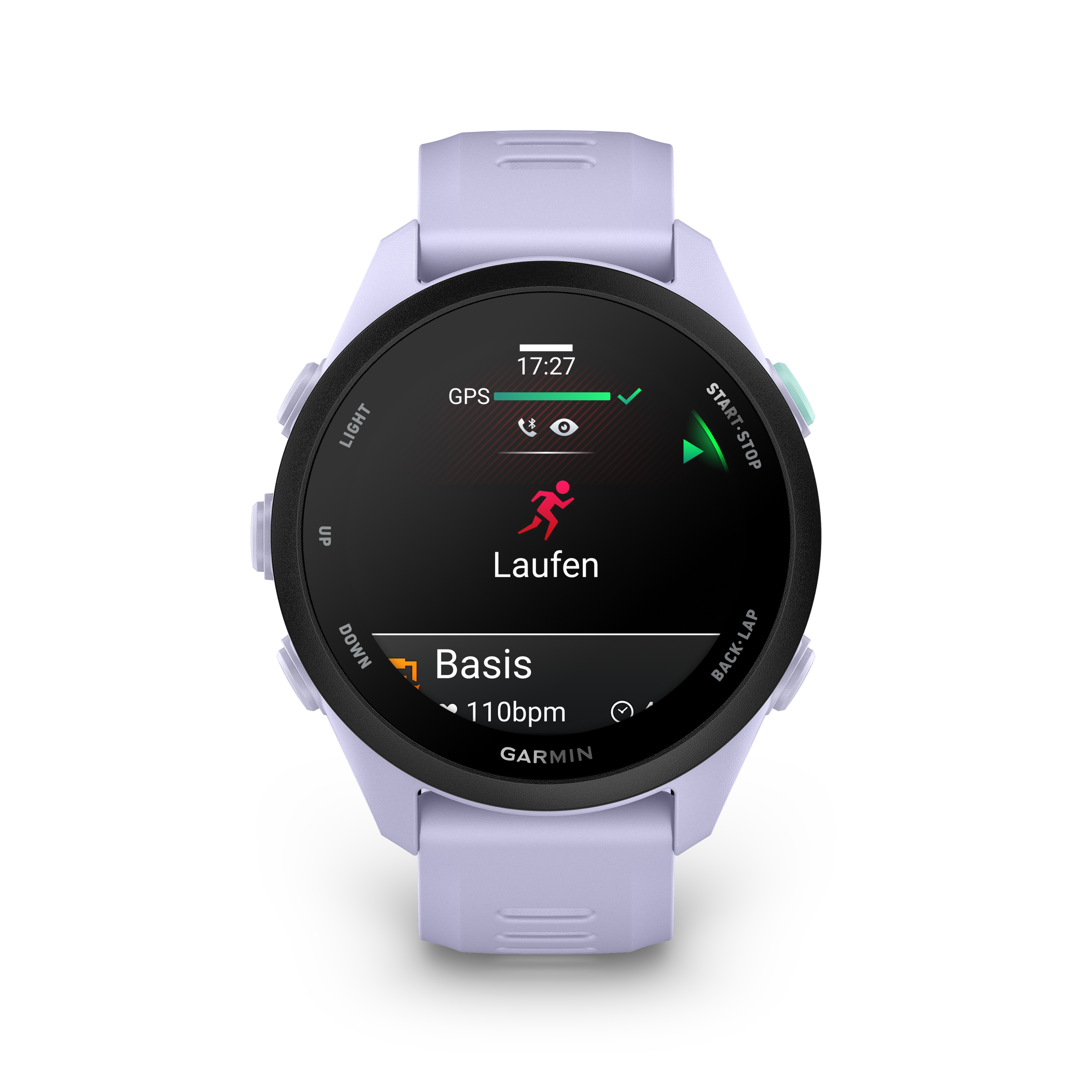 Eine lila Smartwatch mit einem dunklen Display zeigt die Zeit 17:27 und Laufsportdaten.
