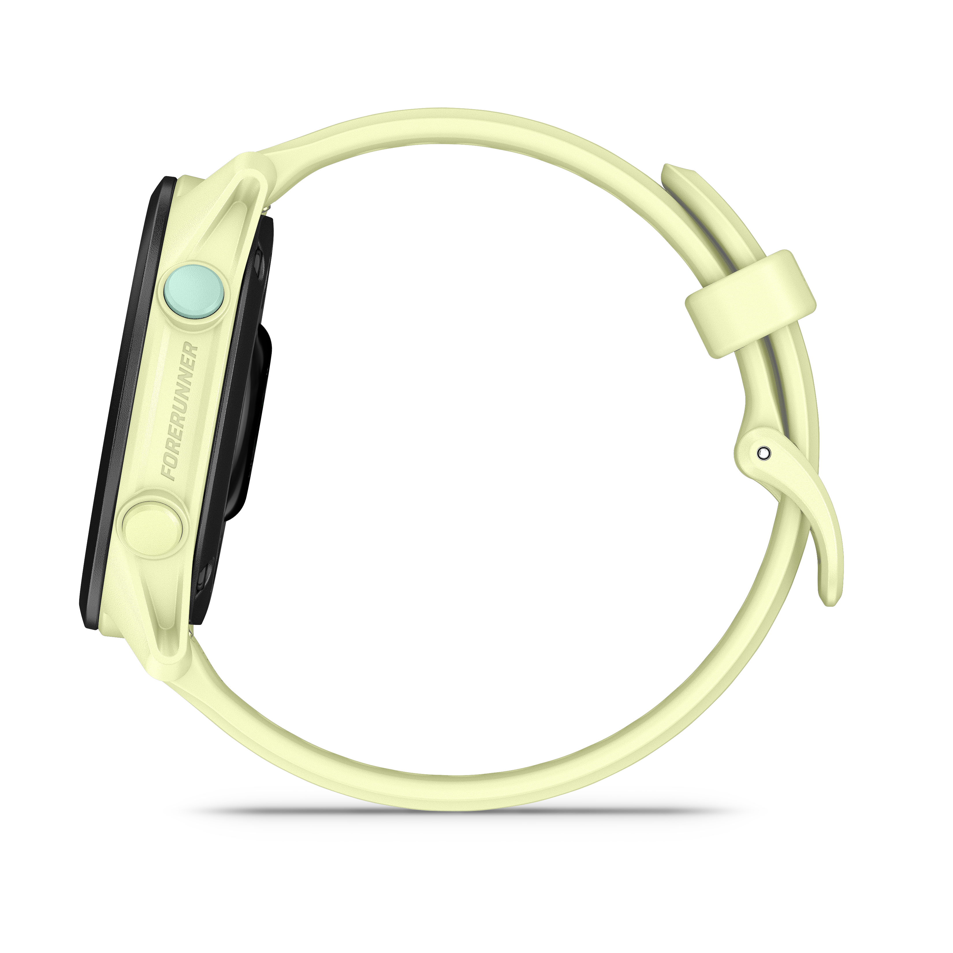 Ein hellgelbes Smartwatch-Armband mit einem schwarzen Gehäuse und einem hellblauen Knopf.
