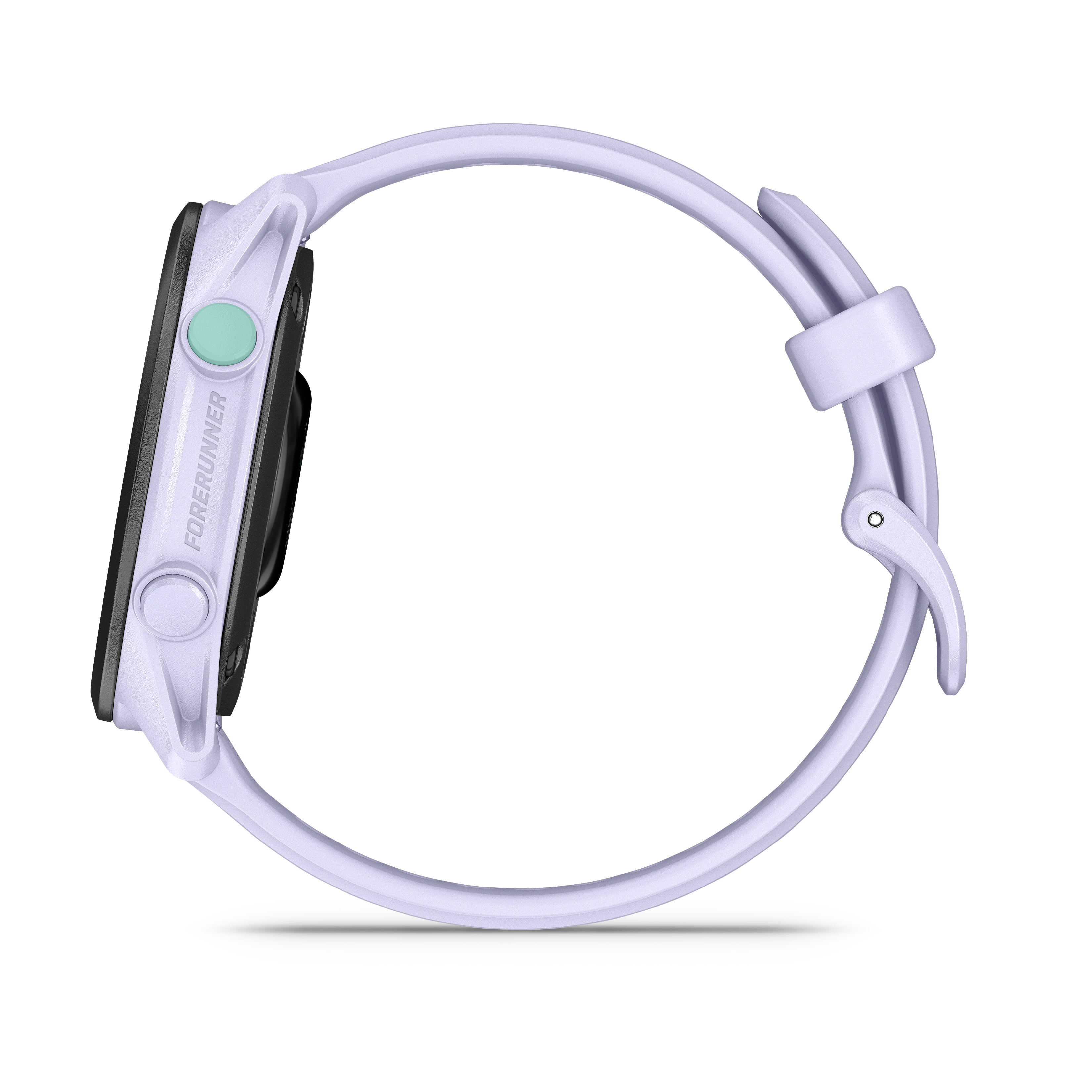 Ein hellviolettes Smartwatch-Armband mit einem Teil des Gehäuses und einem Knopf.
