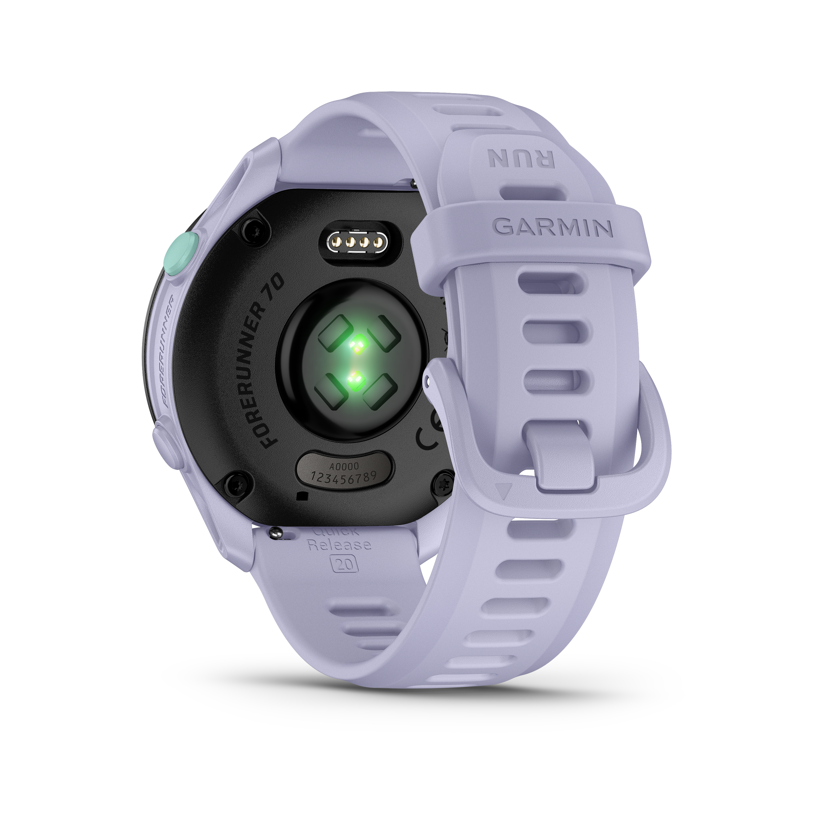 Ein lila Garmin Forerunner 70 mit Herzfrequenzsensor und Schnellverschluss.