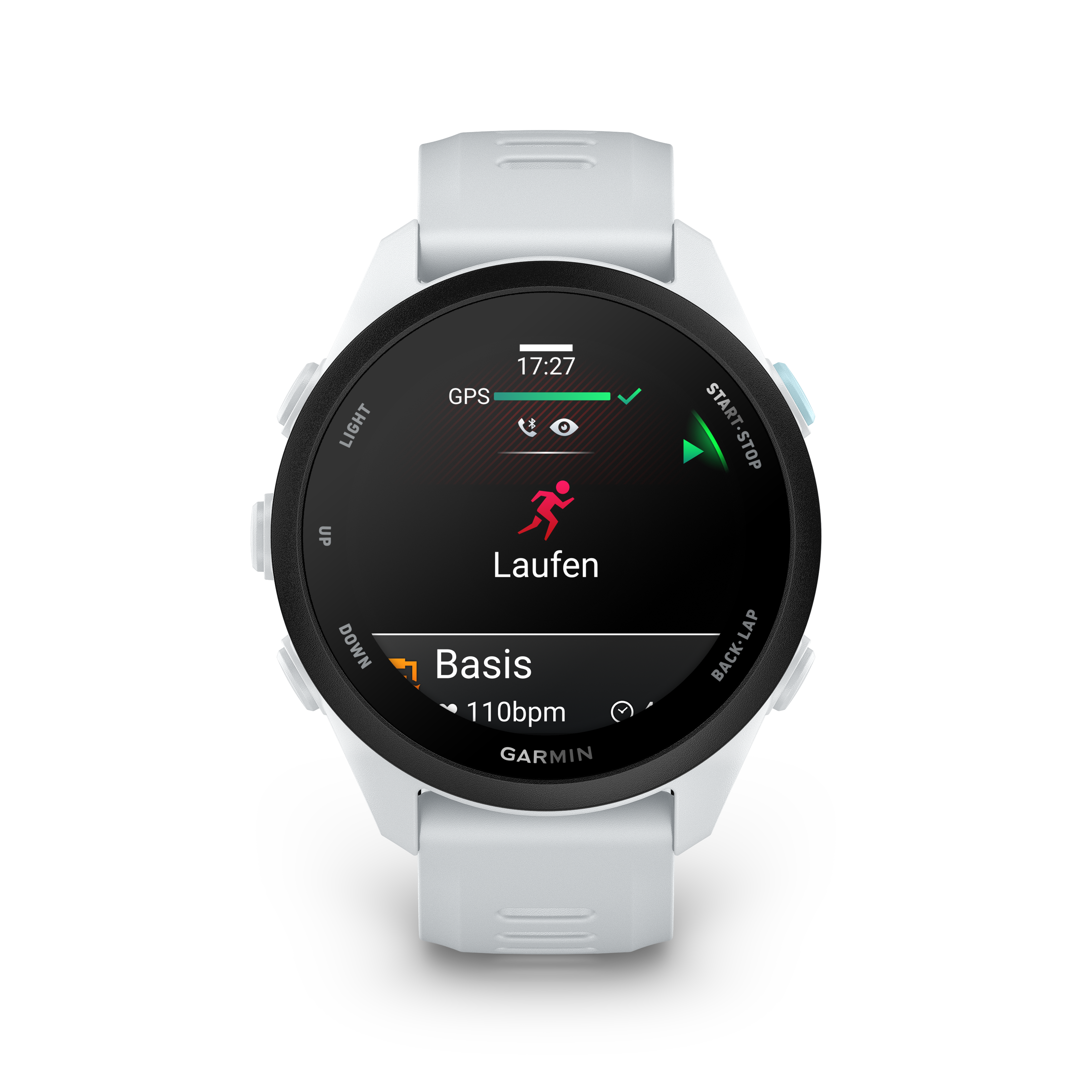 Weiße Smartwatch mit schwarzem Display, zeigt Laufzeit und Herzfrequenz.