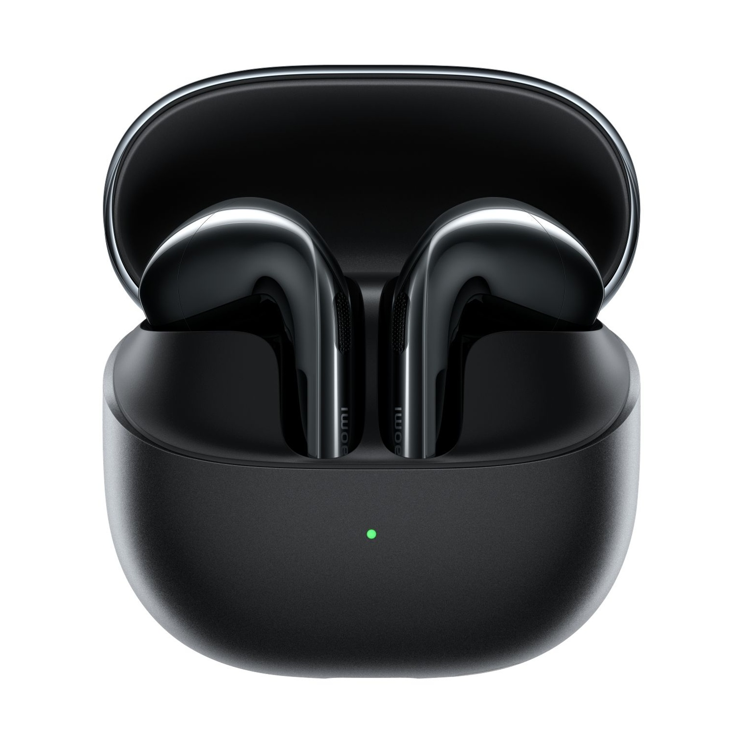 Auricolari wireless neri in una custodia di ricarica con luce LED verde.