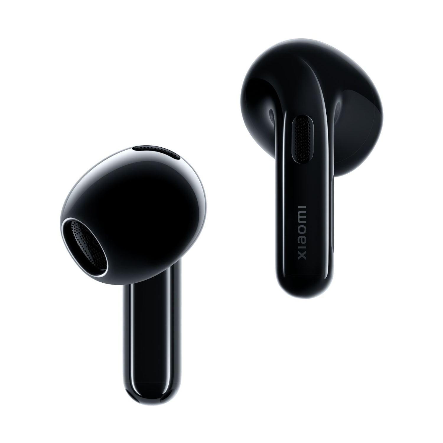 Due auricolari wireless neri lucidi su sfondo bianco.