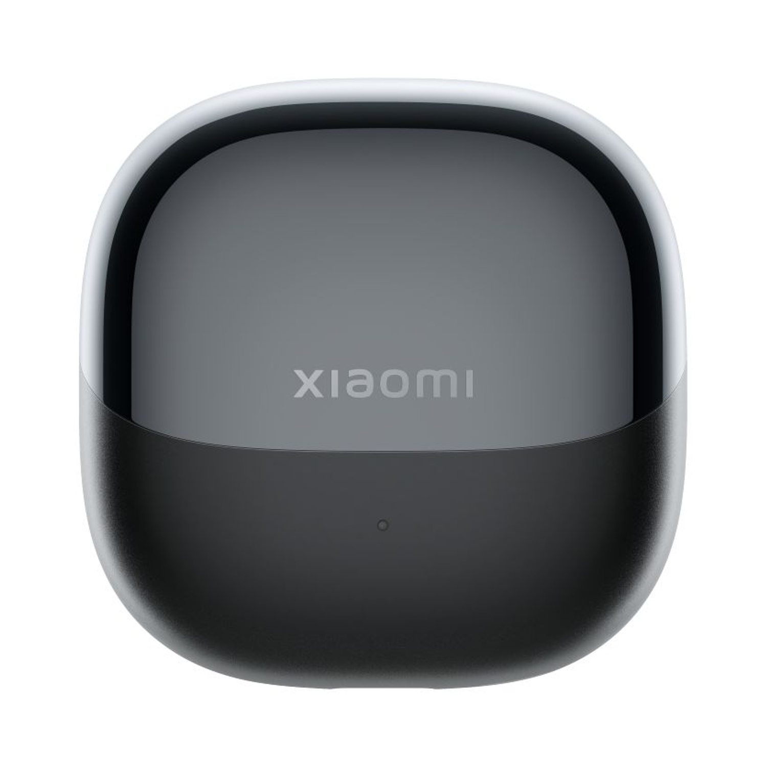 Una custodia di ricarica Xiaomi nera con parte superiore lucida e inferiore opaca.