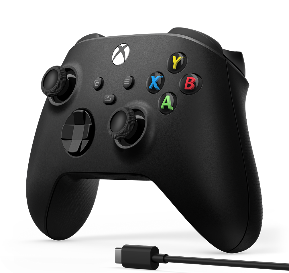 Siyah Xbox kontrolcü, USB-C kablosu ve renkli tuşları (A, B, X, Y) ile.