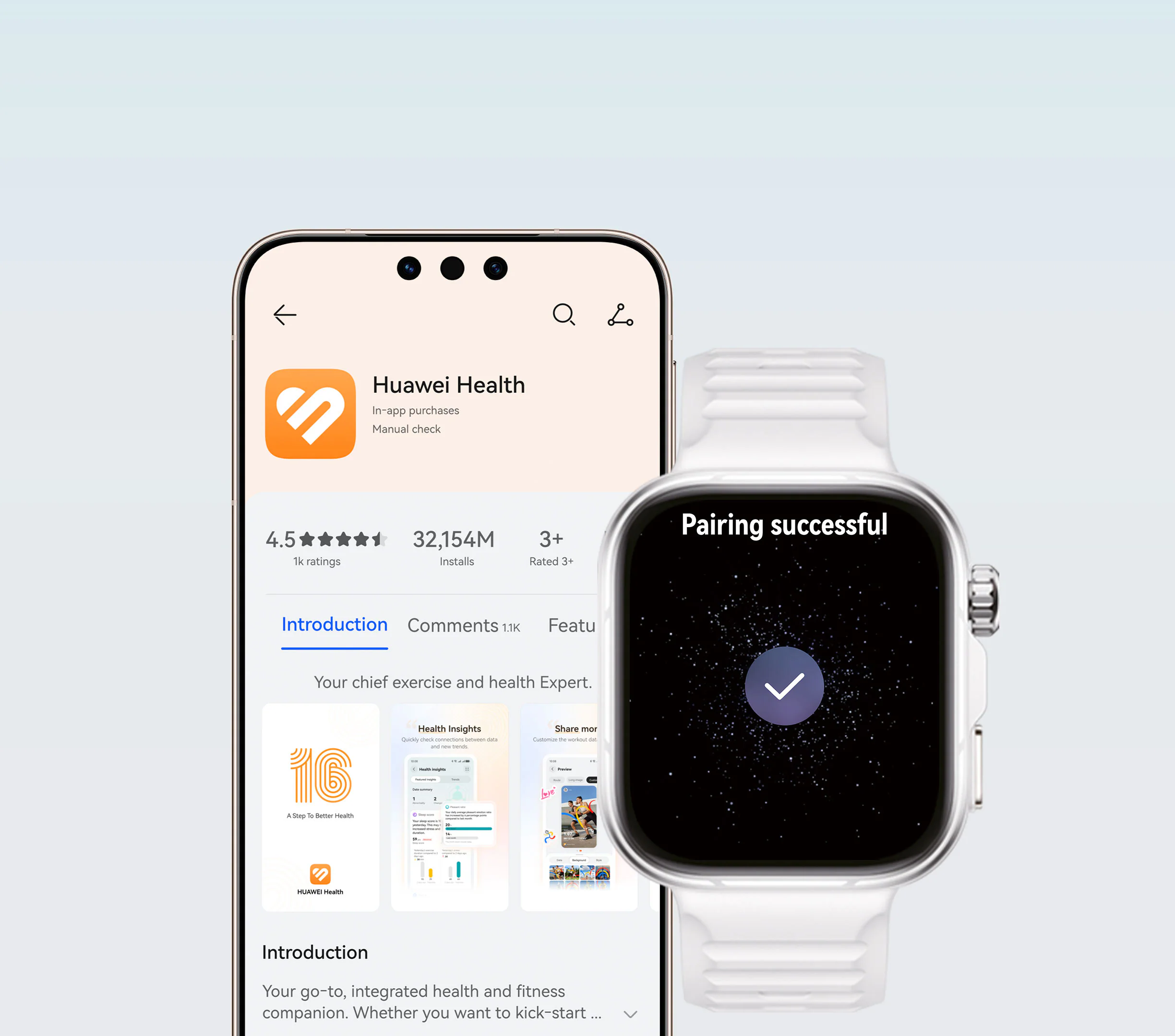 Egy okostelefon a Huawei Health alkalmazást mutatja, egy okosóra a "Párosítás sikeres" üzenetet.