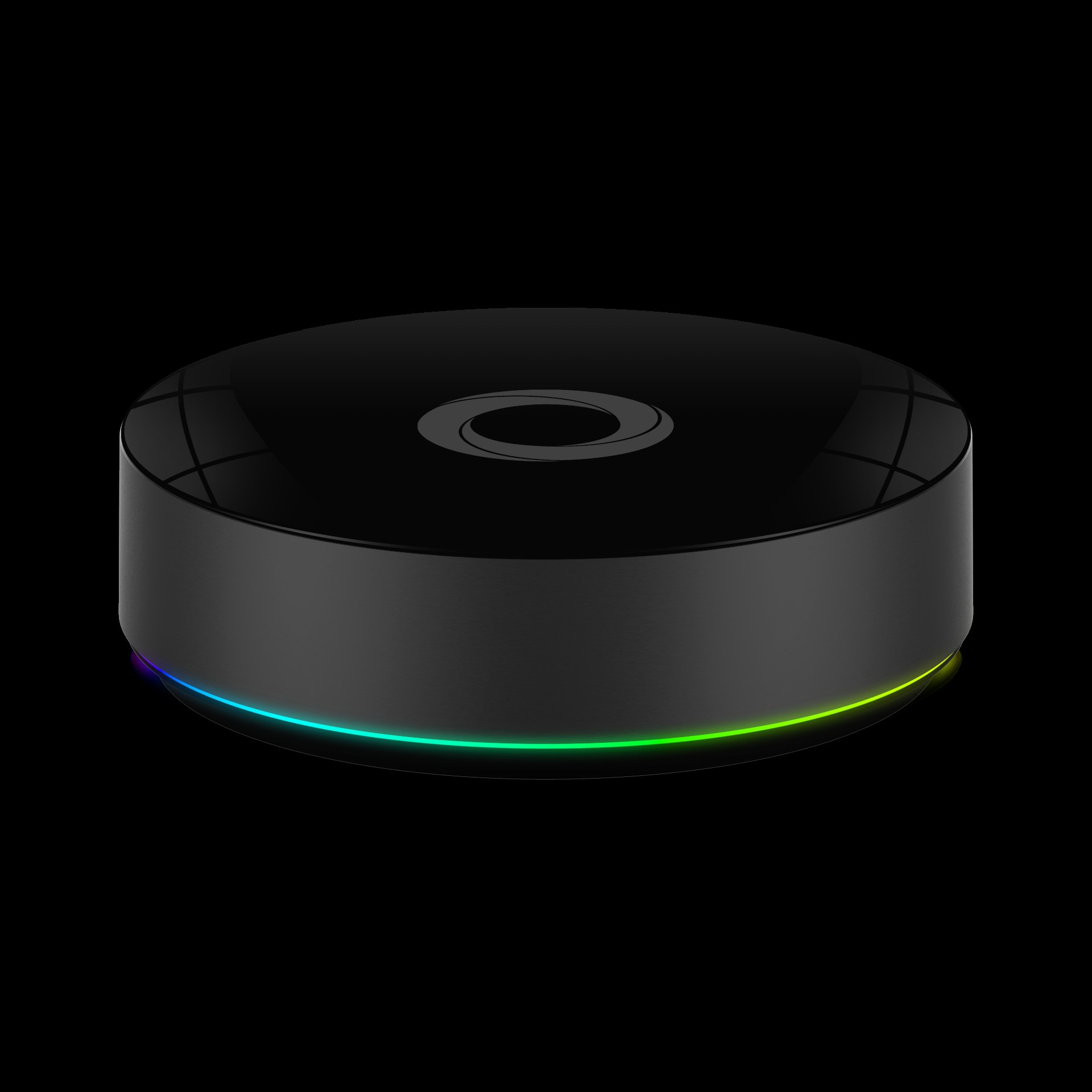 Ein schwarzer, runder Smart-Hub mit einem Logo und einem bunten Lichtband.