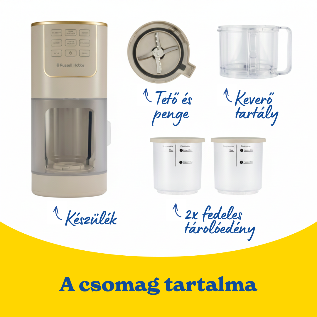 Krémszínű Russell Hobbs fagylaltgép tartozékokkal: fedél, penge, tartály, 2x tárolóedény.