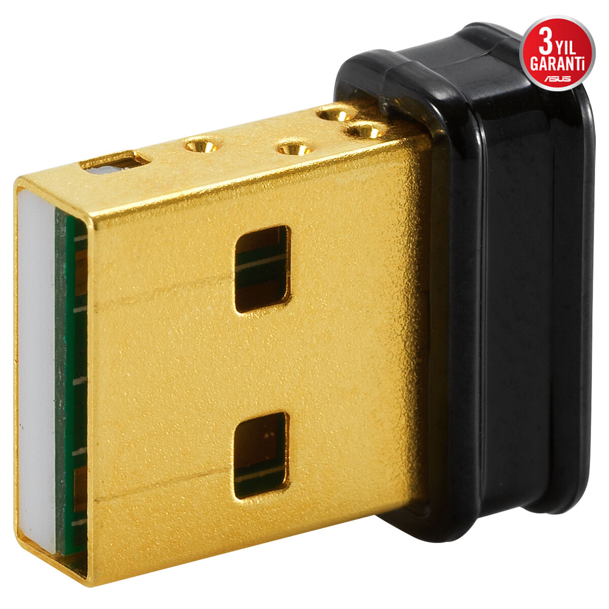 Siyah kapaklı ve kırmızı garanti etiketli altın rengi USB bağlantı noktası.