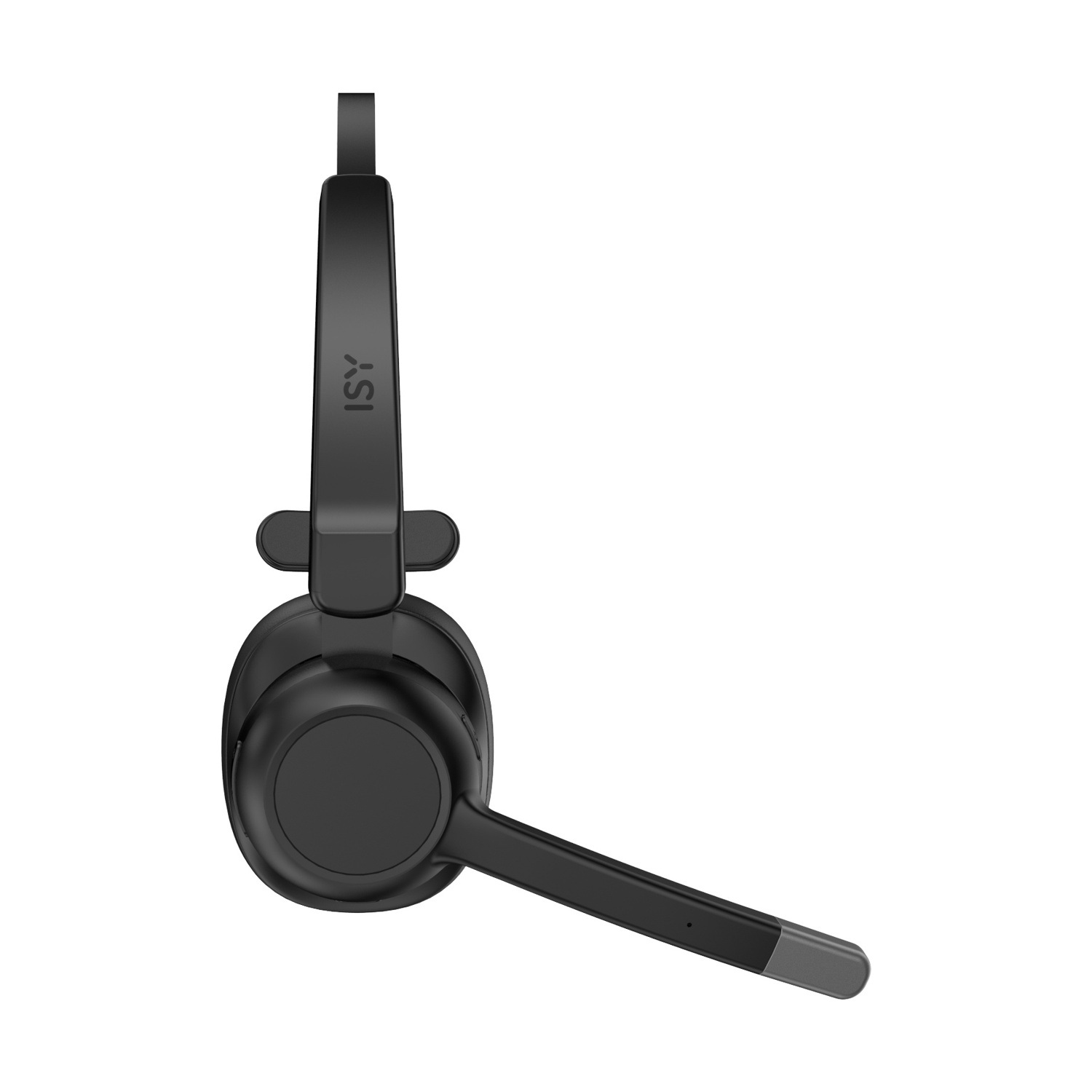 Cuffie ISY nere con microfono, isolate su sfondo bianco.