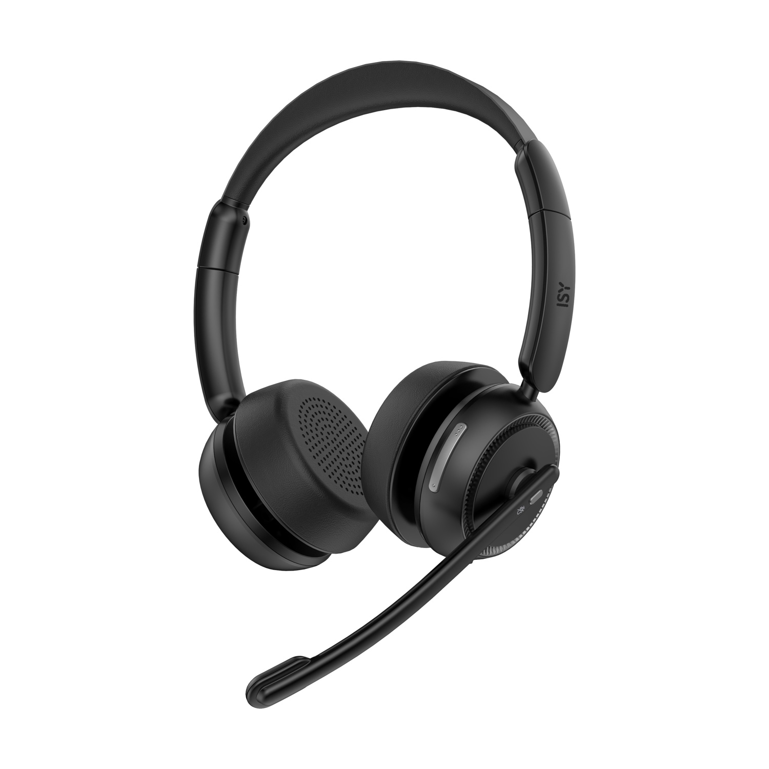 Cuffie wireless nere con microfono e padiglioni auricolari, su sfondo bianco.