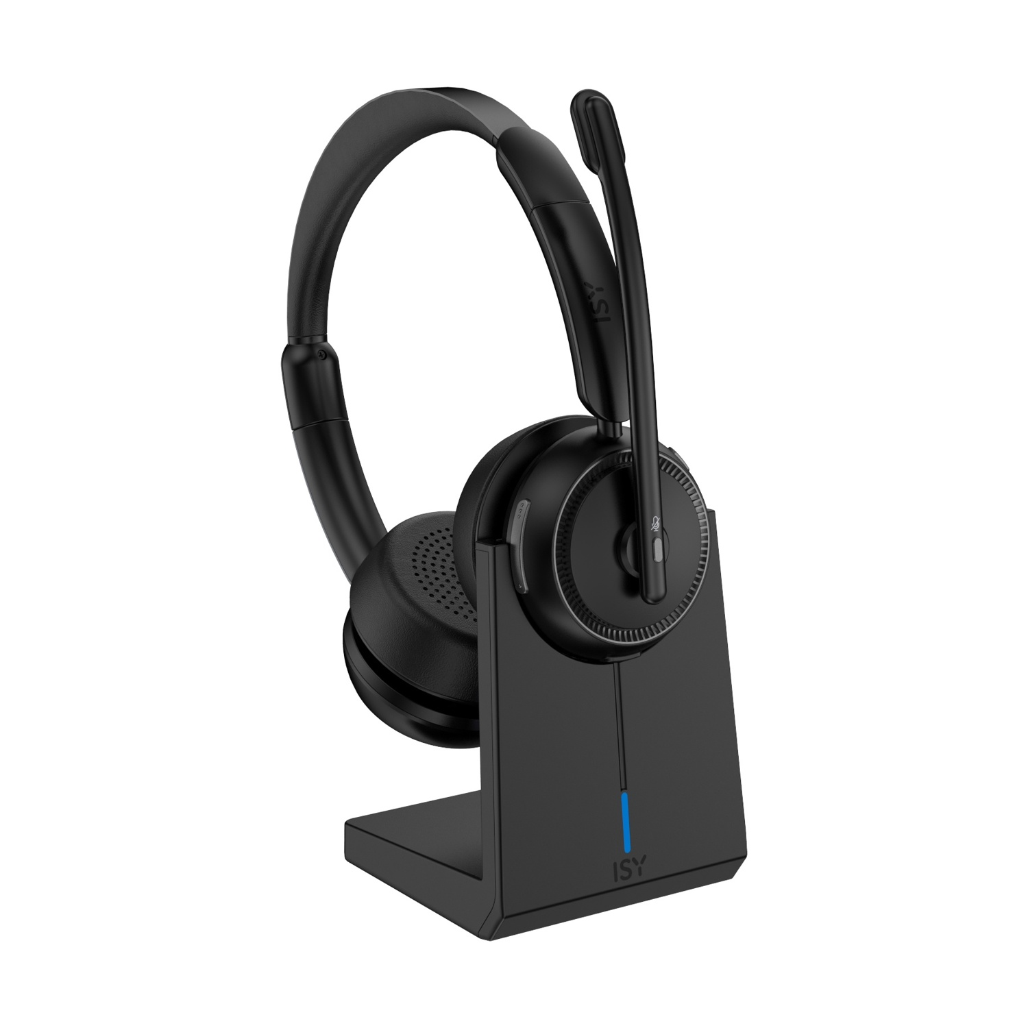 Un auricolare ISY nero con microfono è sulla sua base di ricarica nera.