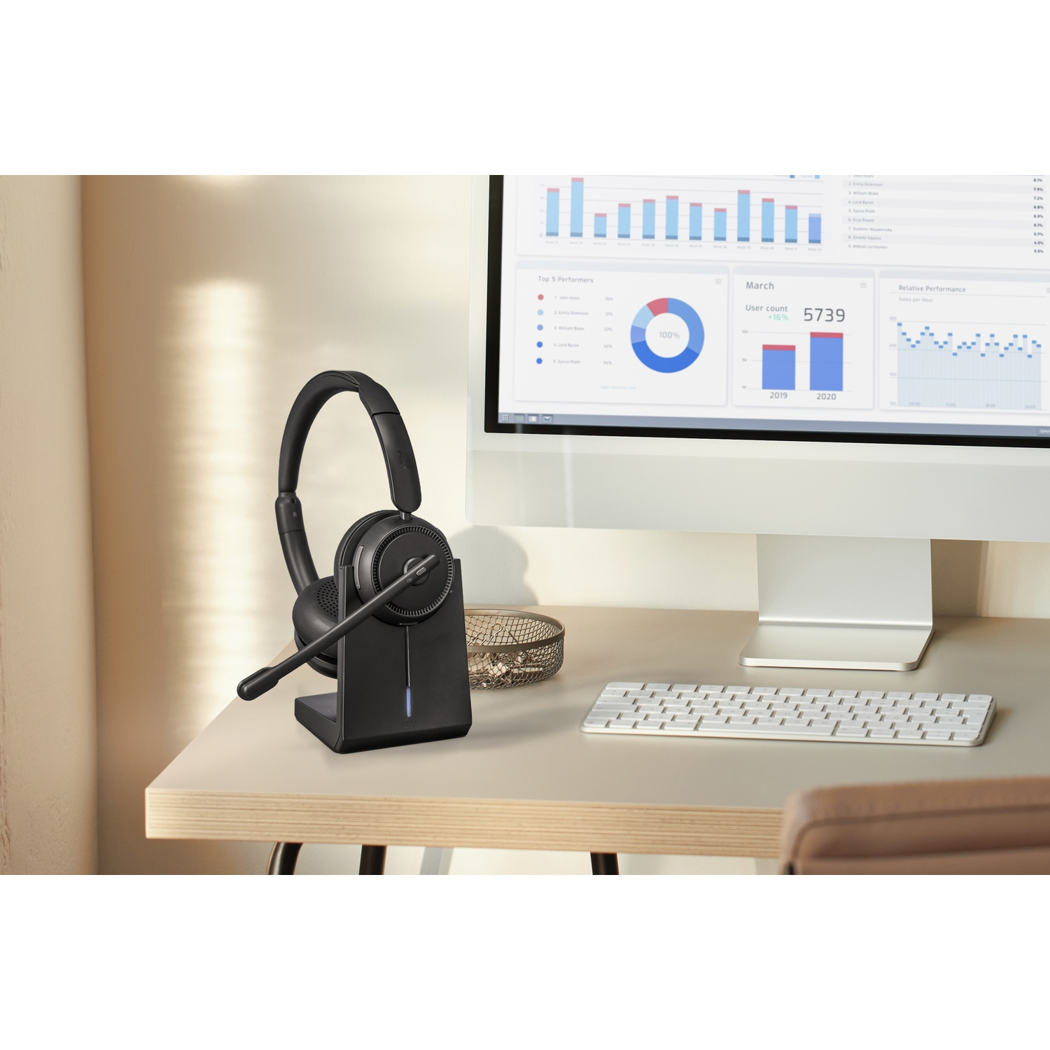 Cuffie nere su supporto accanto a monitor computer che mostra grafici e diagrammi.