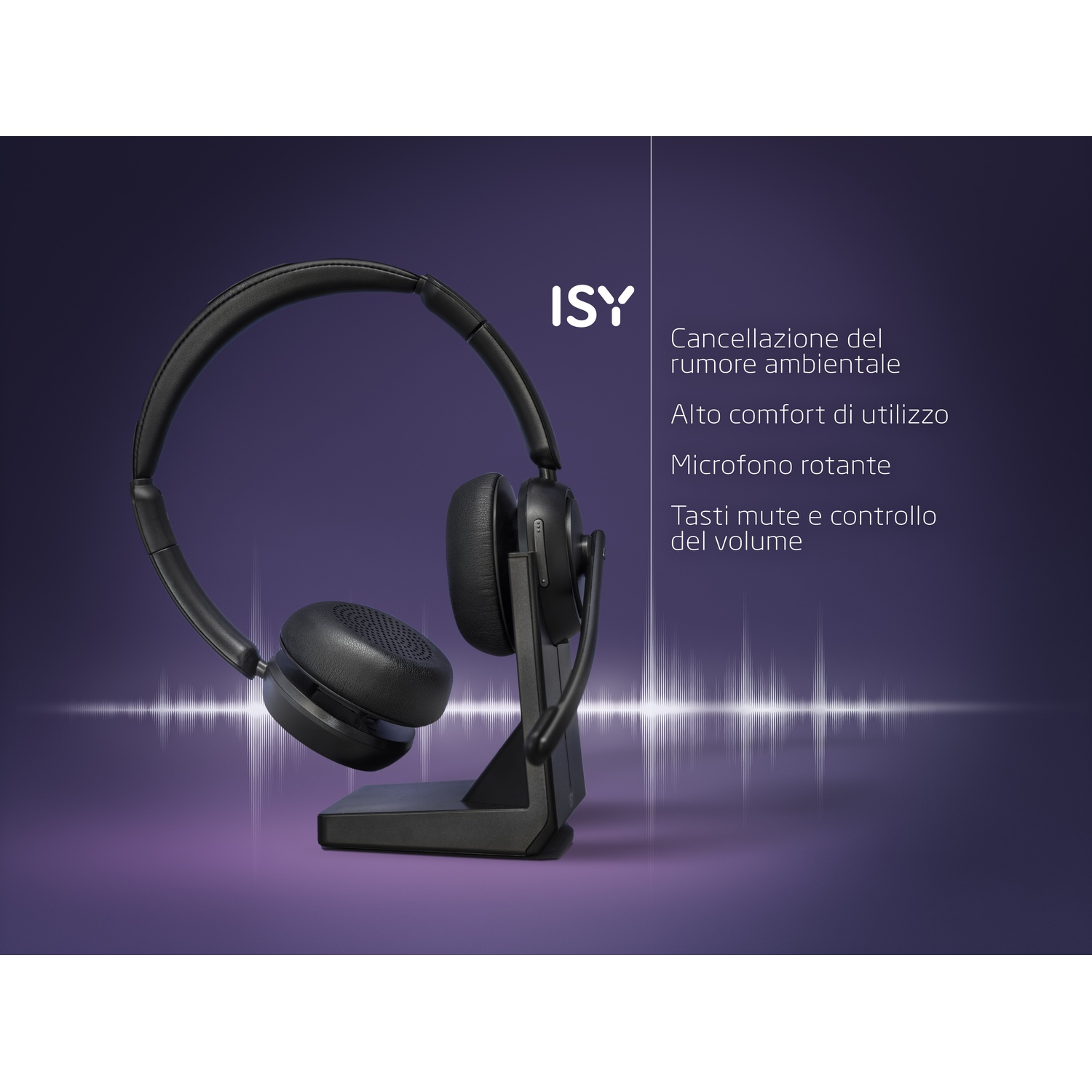 Cuffie ISY nere con microfono su supporto, sfondo viola.