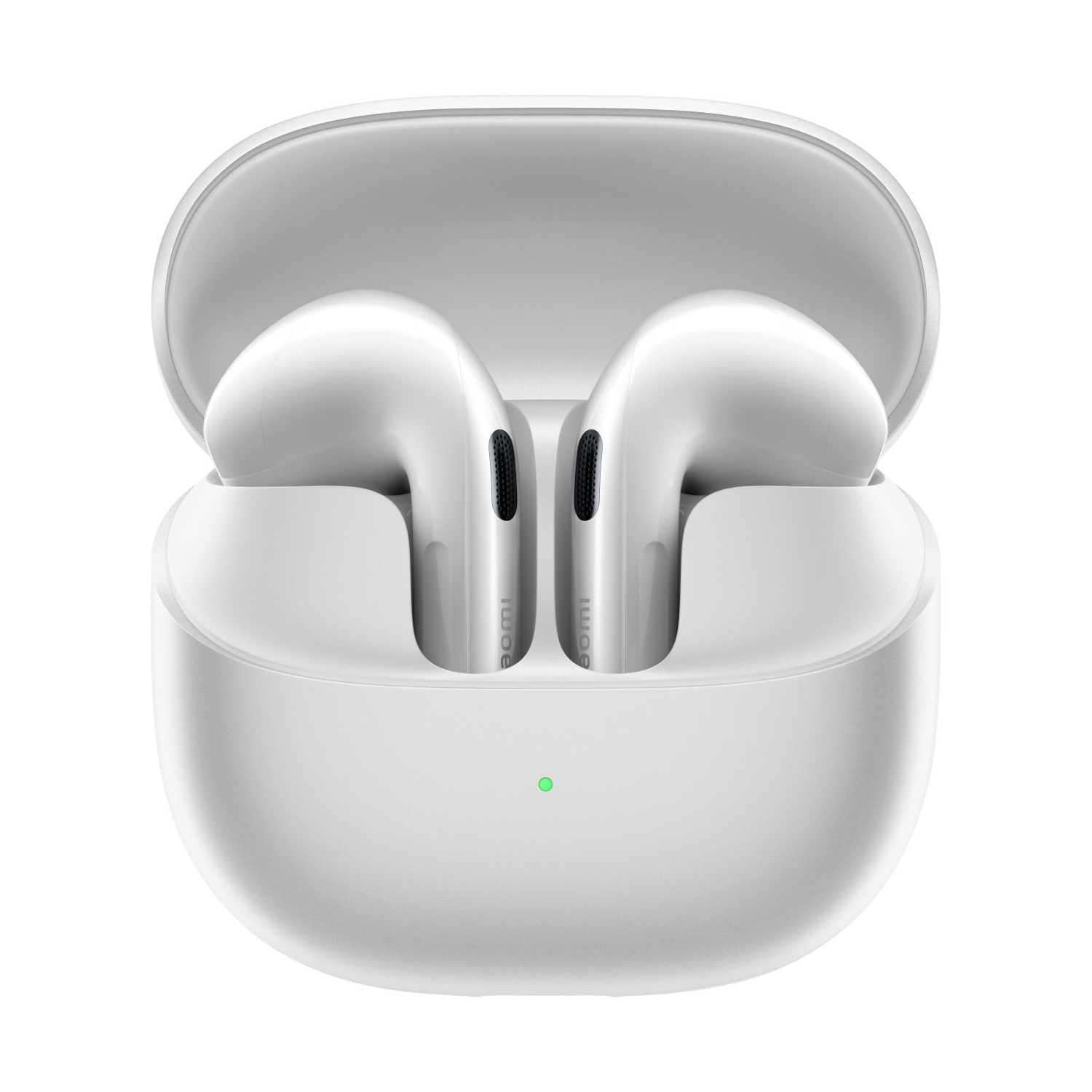 Auricolari wireless bianchi dentro un case di ricarica bianco aperto con LED verde.