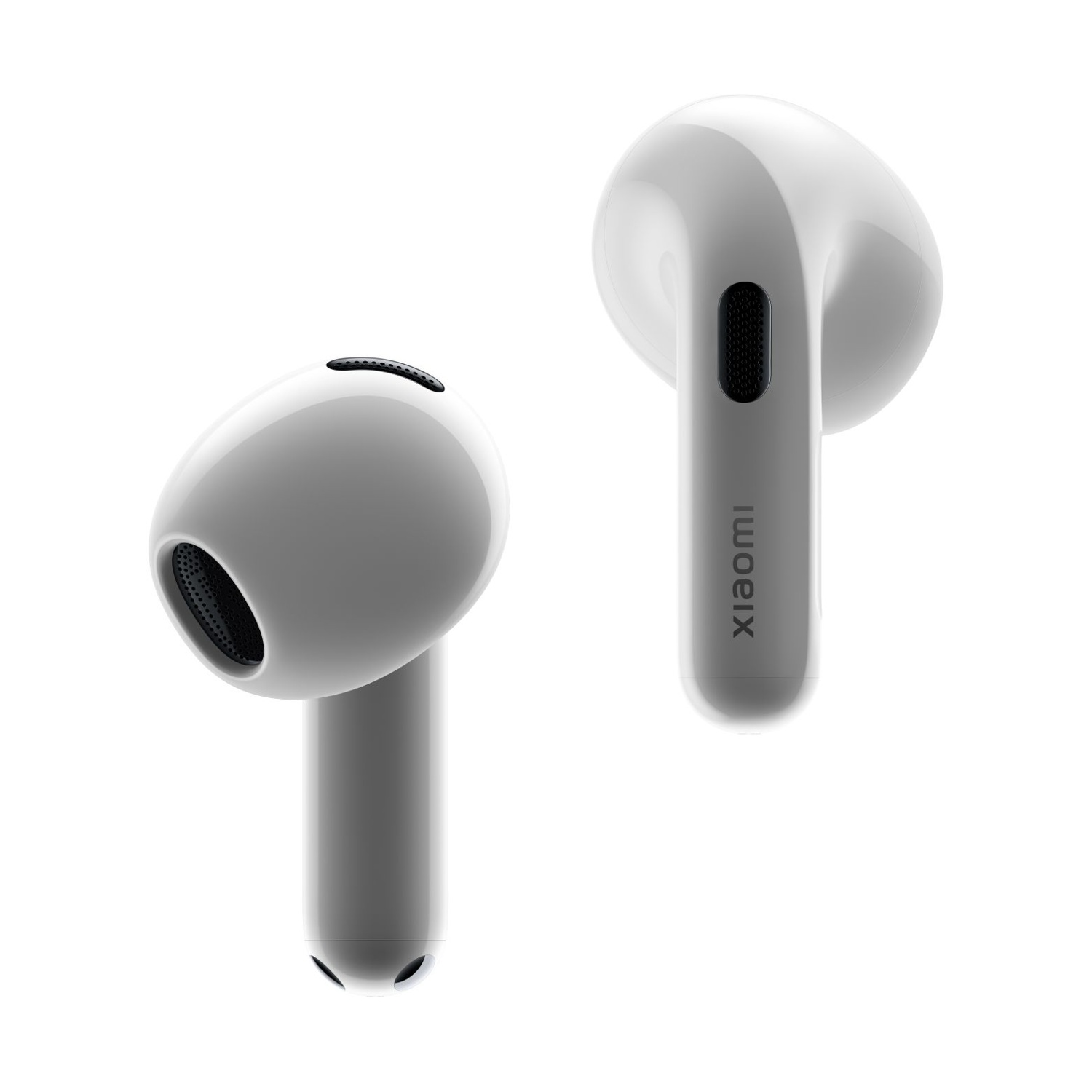 Due auricolari wireless Xiaomi bianchi su sfondo bianco. Un auricolare di lato, l'altro di fronte.