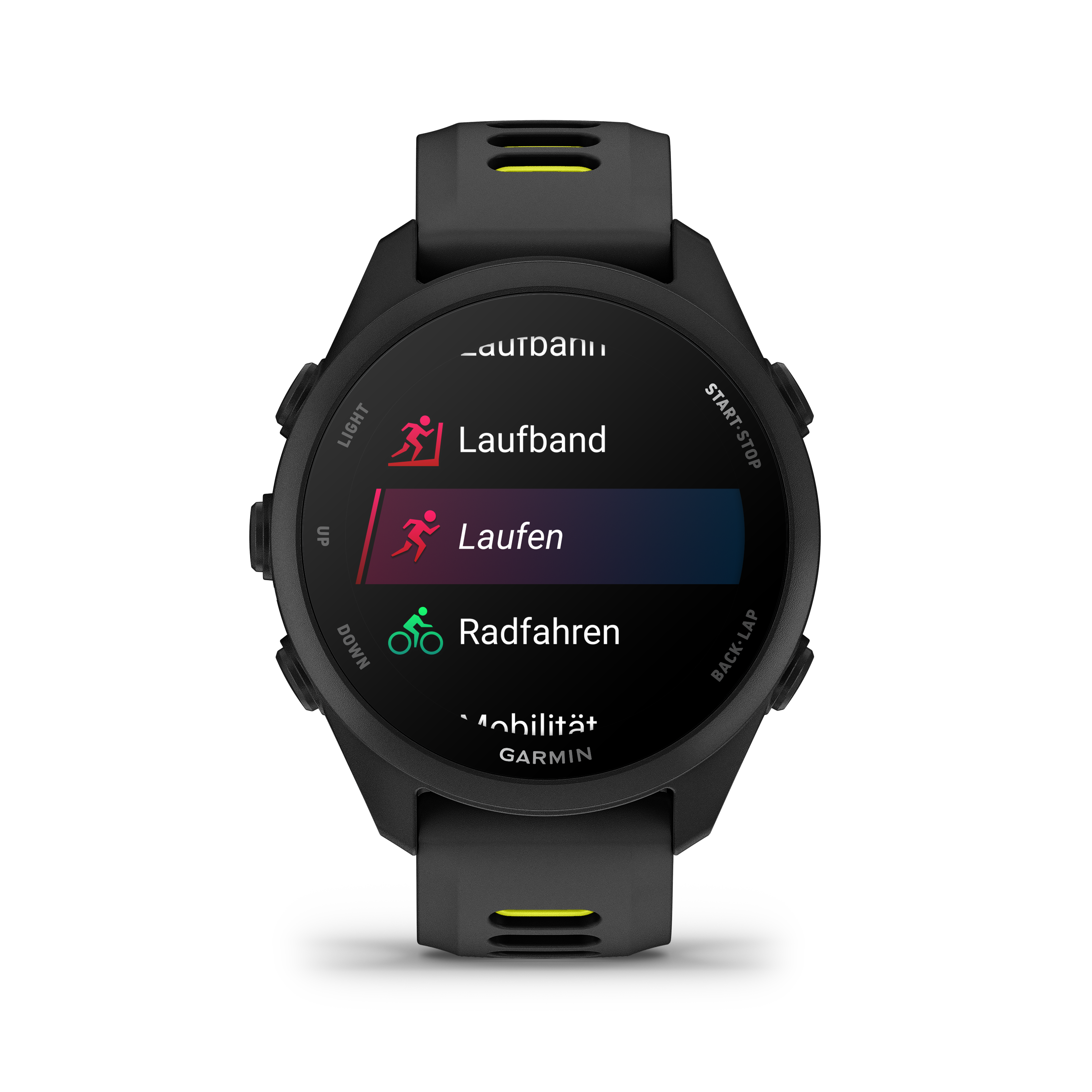 Sportuhr mit Menü: Laufband, Laufen, Radfahren, Mobilität. GARMIN Schriftzug.